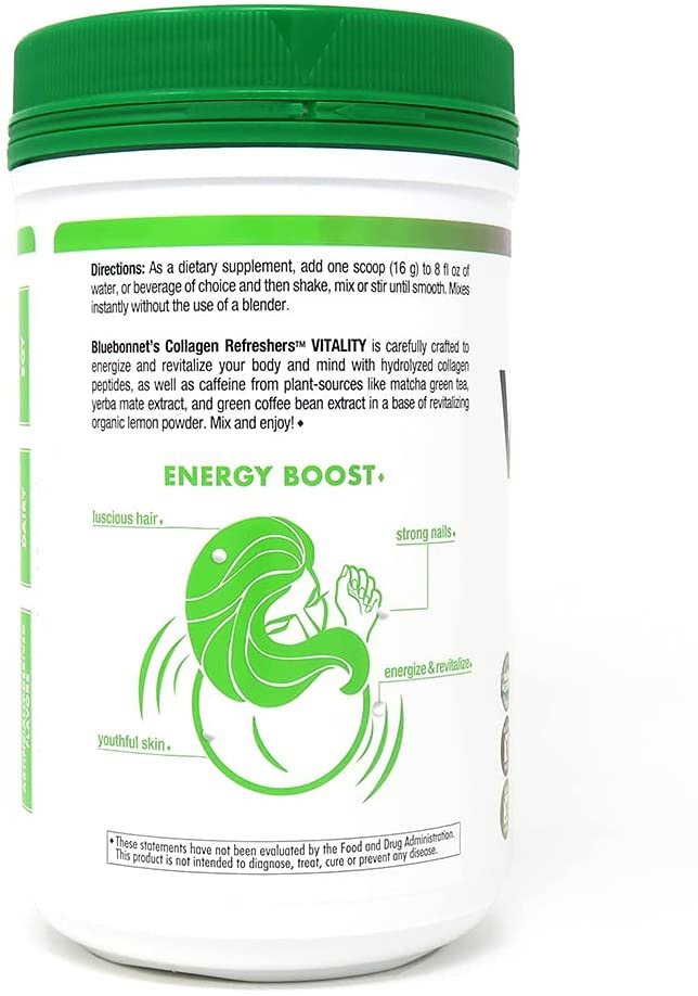 Bluebonnet Nutrition Collagen Refreshers Vitality Powder, Keto and Paleo, Energy Boost*, Soy-Free, Gluten-Free, Non-GMO, Grass-fed Cows, Pasture Raised, 11.29 oz, 20 Servings, Matcha Lemon Flavor