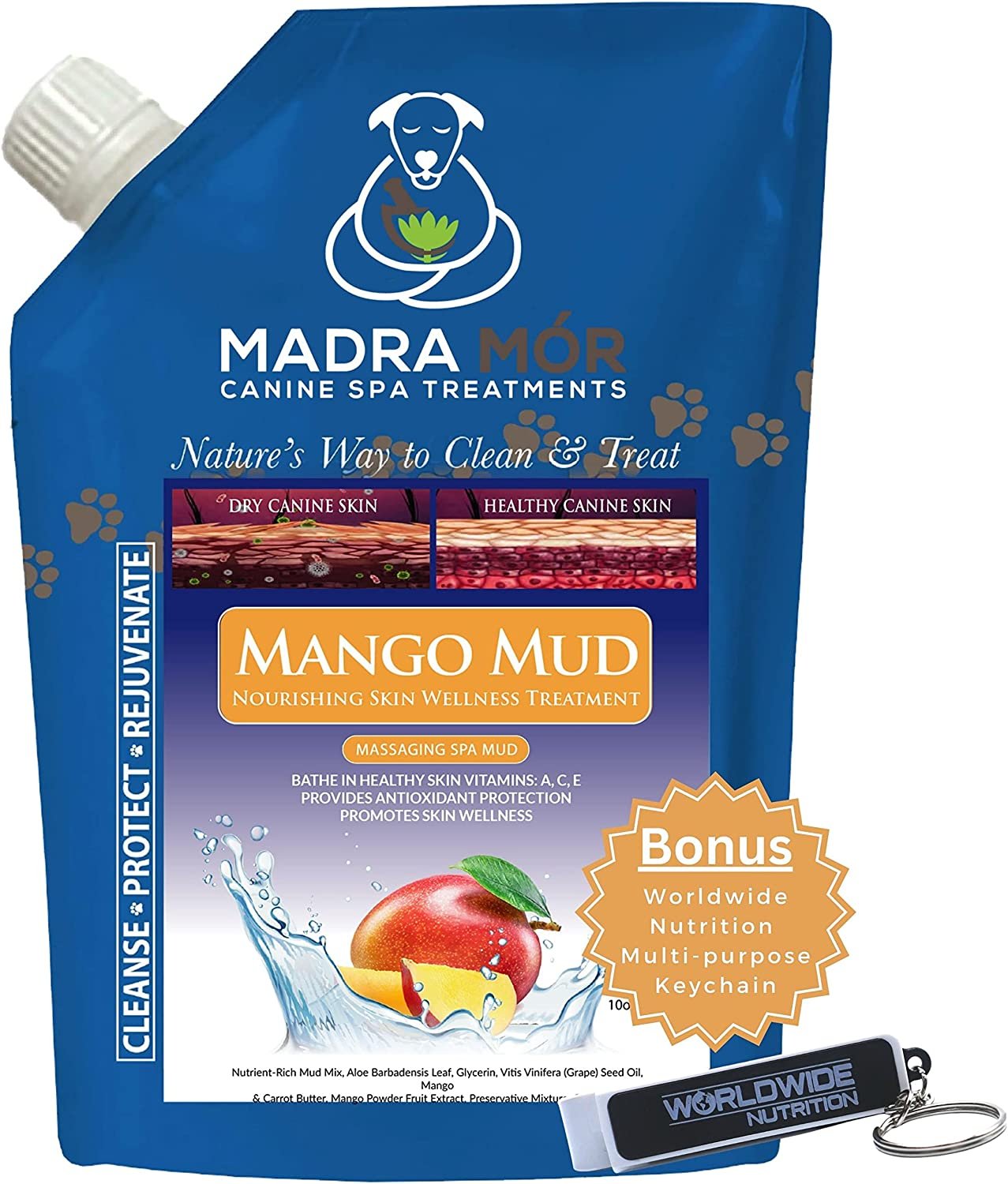 Madra Mor Massaging SPA Mud - Luxurious Dog Skin Wellness Treatment - Cleanse - Protect - Rejuvenate - Mango Mud - 1 Pack (10oz) - with Multi-Purpose Key Chain