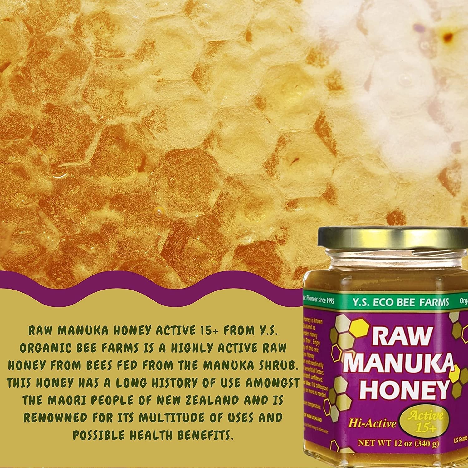 Y.S. Eco Bee Farms, 100% Certified Raw Manuka Honey, Hi-Active 15plus, Unpasteurized, Unfiltered, Exotic, Raw, Kosher, Gluten Free, Wonder Honey Of The Tea Tree", 12 Oz, 1 Jar with Bonus Key Chain