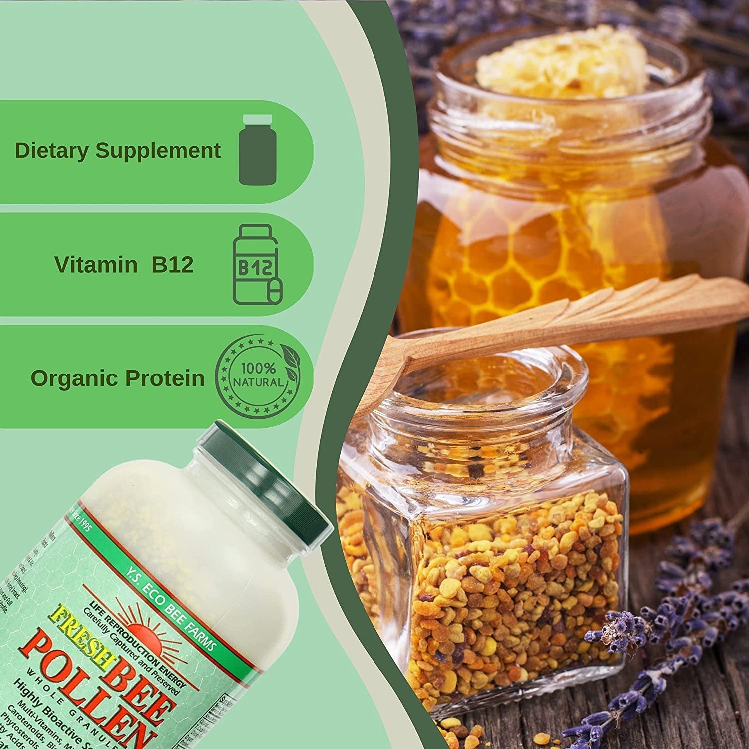 Y.S. Eco Bee Farms 100% Pure, Wild Crafted Bee Pollen Granules - Organic Bee Pollen Vitamin Supplements - Amino Acids, Organic Protein, Vitamin C, Vitamin B12 - Gluten Free - 16 oz w Bonus Key Chain