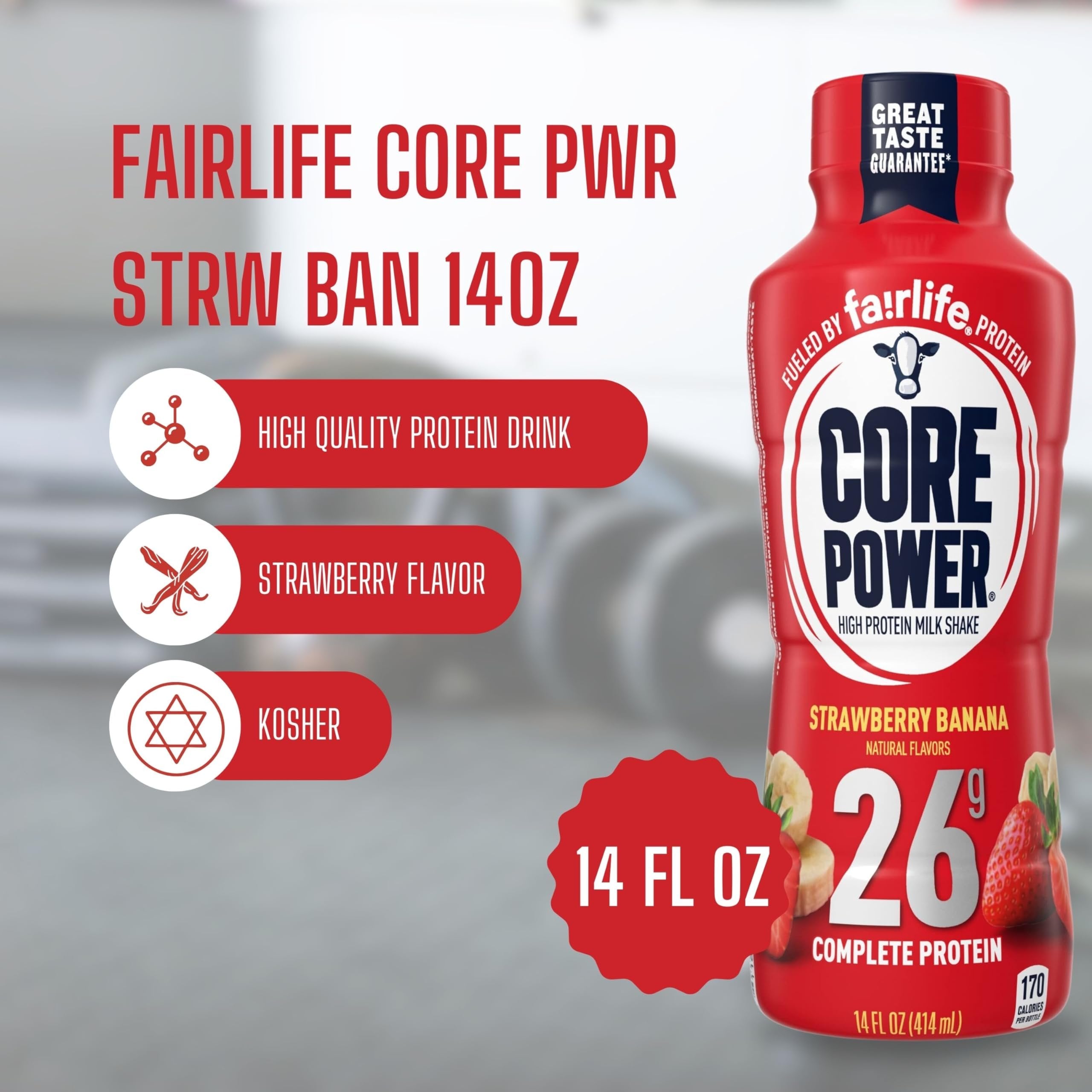 Fairlife Core Power 26g Complete Protein Strawberry Banana Milk Shake for Workout Recovery - Kosher - 14 oz (12 Pack) with Keychain