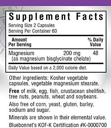 Bluebonnet Nutrition Albion Chelated Magnesium Vegetable Capsule, 200mg, 120 Vegetable Capsule, 2 Month Supply