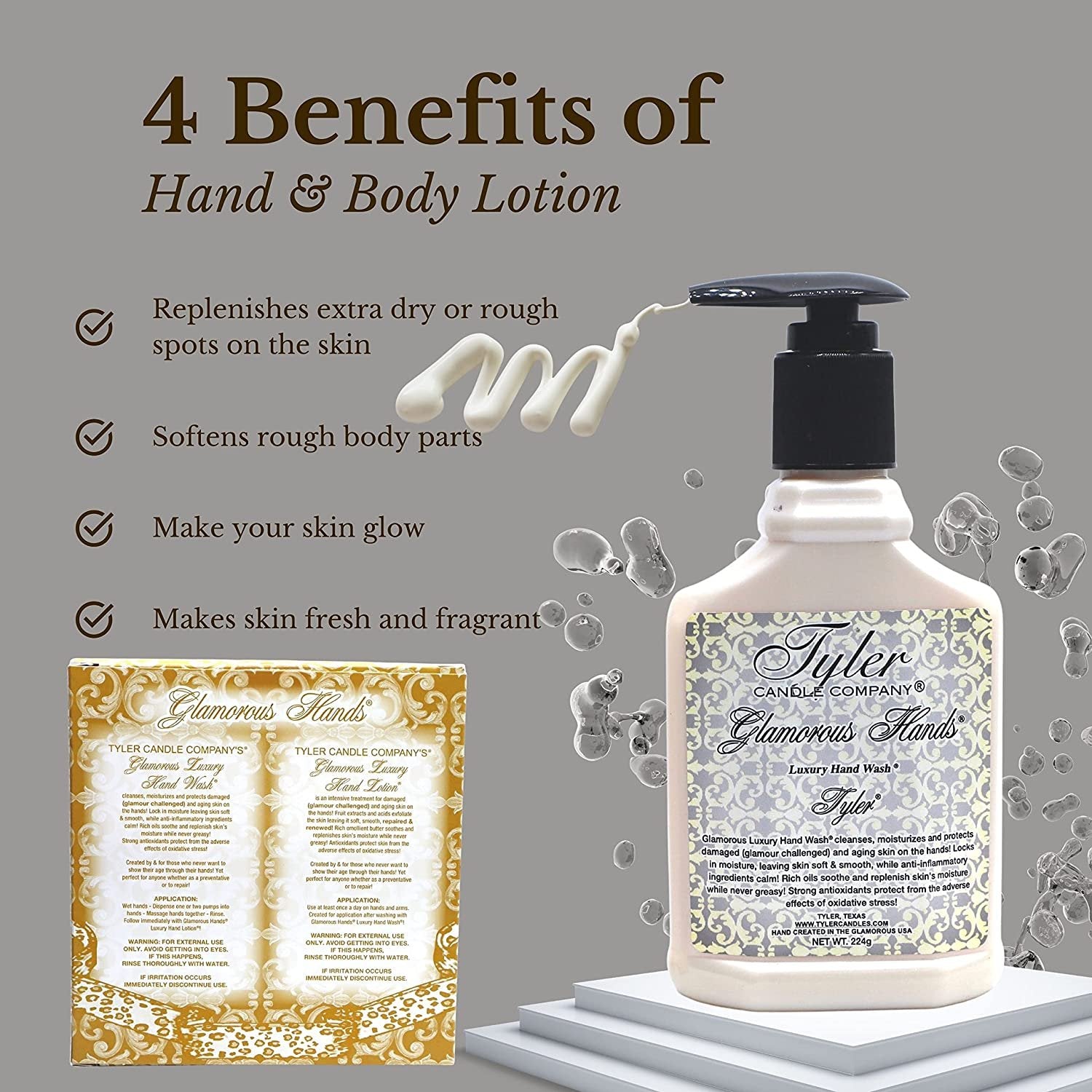 Worldwide Nutrition Tyler Candle Company Tyler Scented Glamorous Hand Wash and Hand Lotion Gift Set - Pack of 2, 8 Oz Tyler Scented Hand Cream Pump Bottles for Luxury Skin Care with Bonus Key Chain