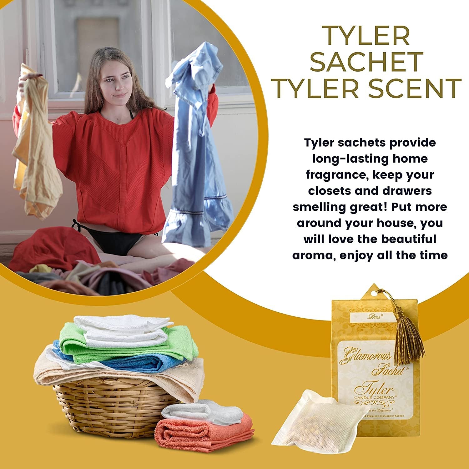 Tyler Candle Company Diva Dryer Sheet Sachets - Glamorous Reusable Dryer Sheets - Sachets for Drawers and Closets - 1 Pack, 4 Sachets, Dryer, Home, or Personal Sachet, with Bonus Key Chain