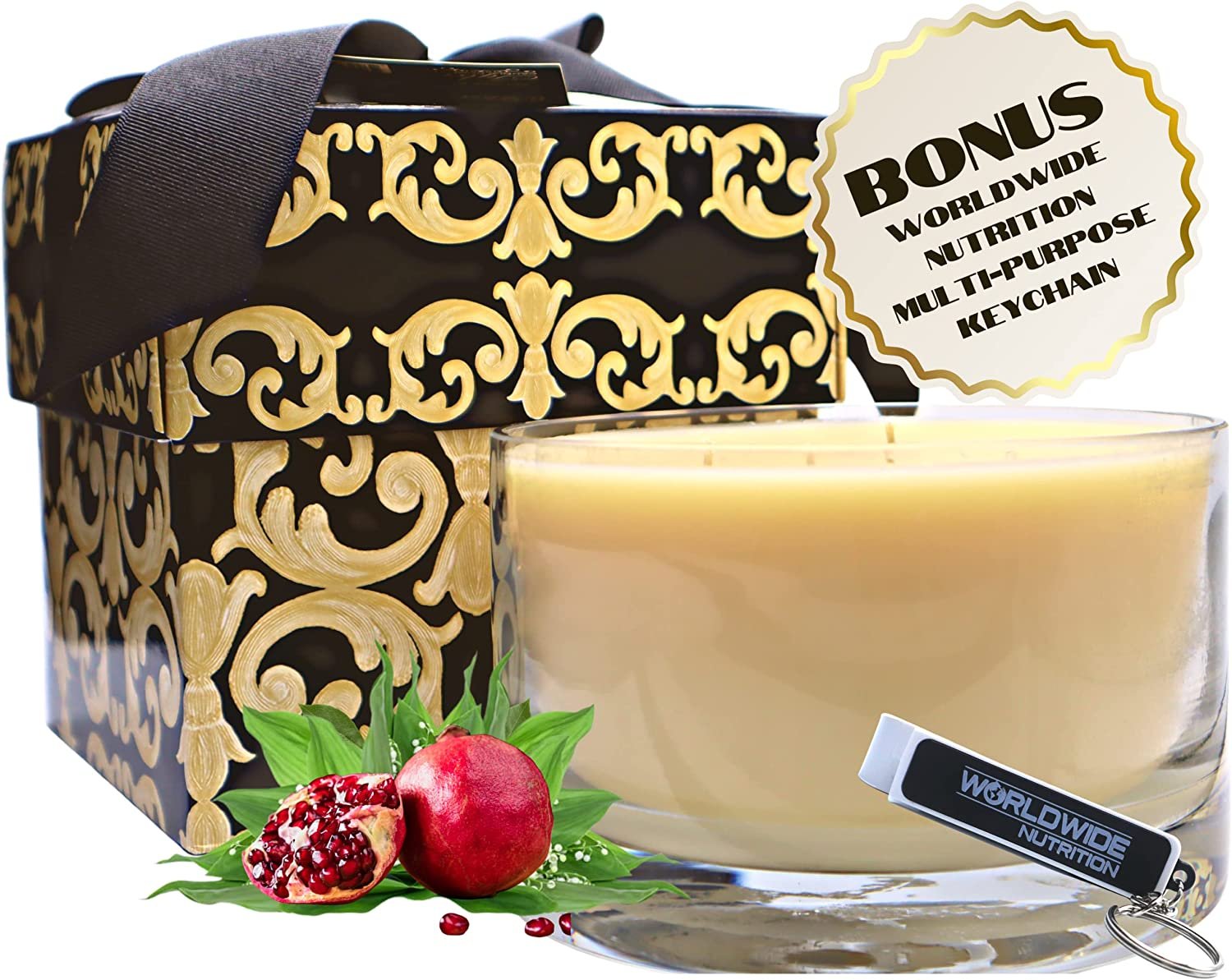 Tyler Candle Company 40 oz Fleur De Lis Scented Candle | 4 Wick Large Candle | Long Lasting -220 Hrs| Decorative Candles | Home Decor Gift for Women & Men w Worldwide Nutrition Multi Purpose Key Chain