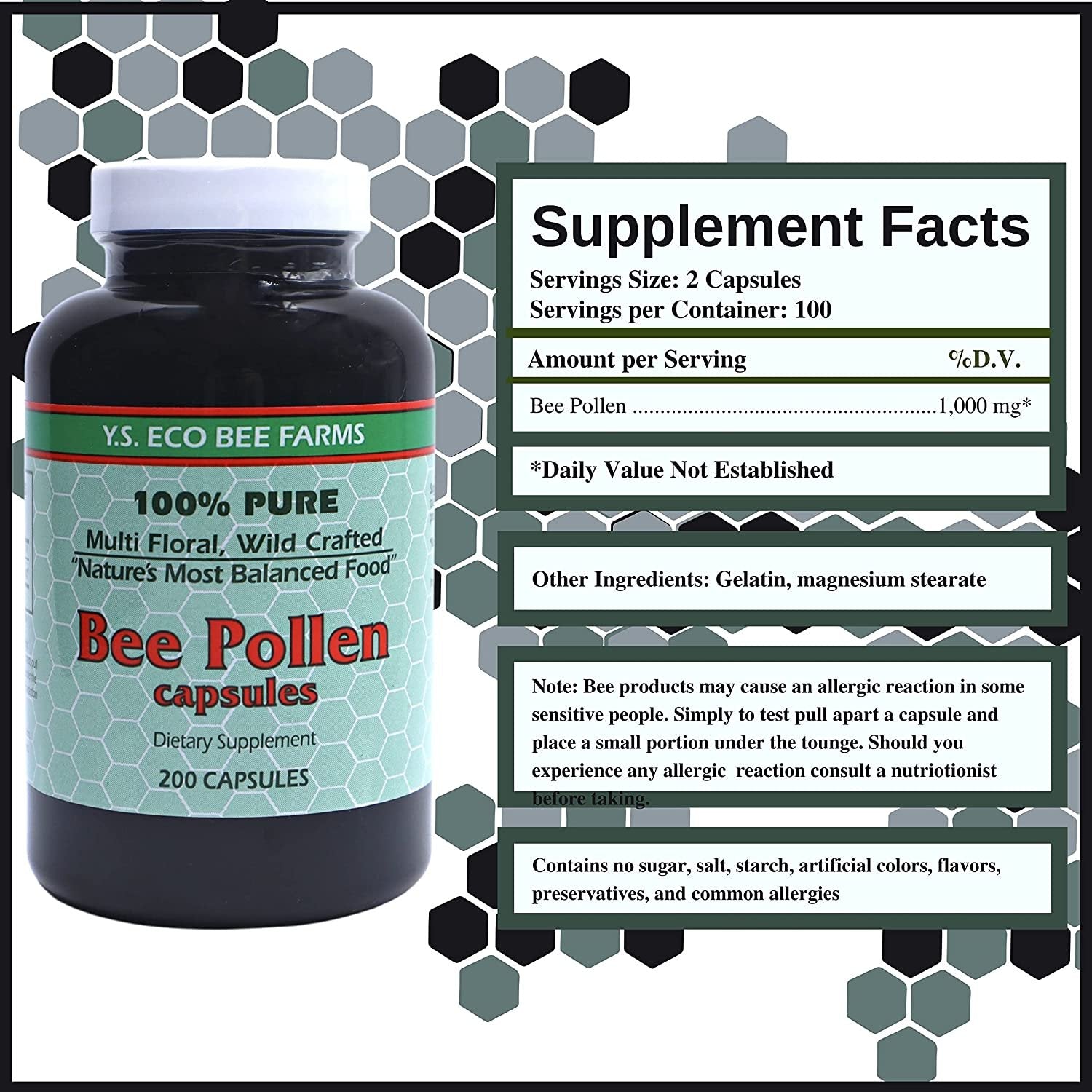 Y.S. Eco Bee Farms 100% Pure, Wild Crafted Bee Pollen Capsules - Organic Bee Pollen Vitamin Supplements Amino Acids, Organic Protein, Vitamin C, Vitamin B12 Gluten Free 2pk of 200ct w Bonus Key Chain