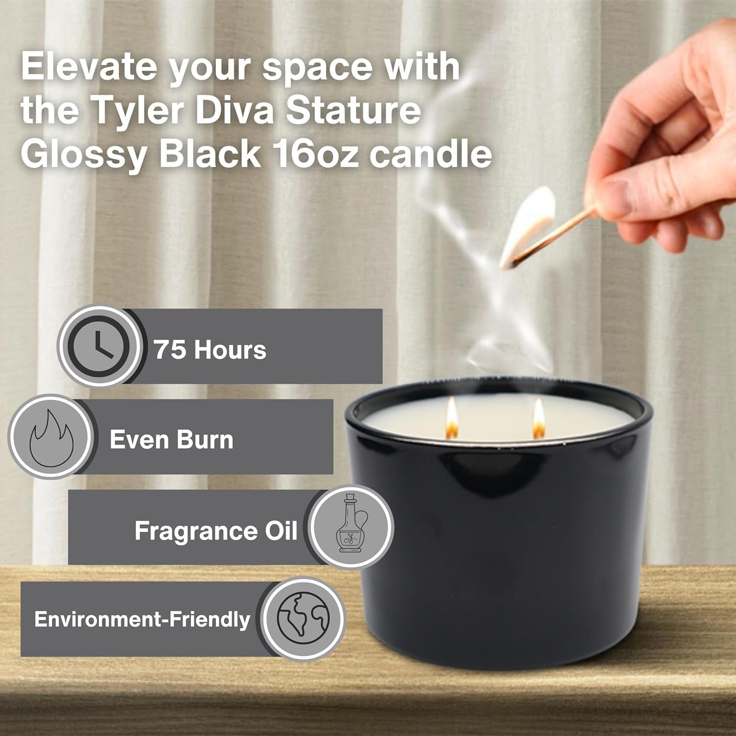 Tyler Candle Company Stature Diva Scented Candle - Glossy Black Jar - 16 oz - Burn Time up to 75hrs