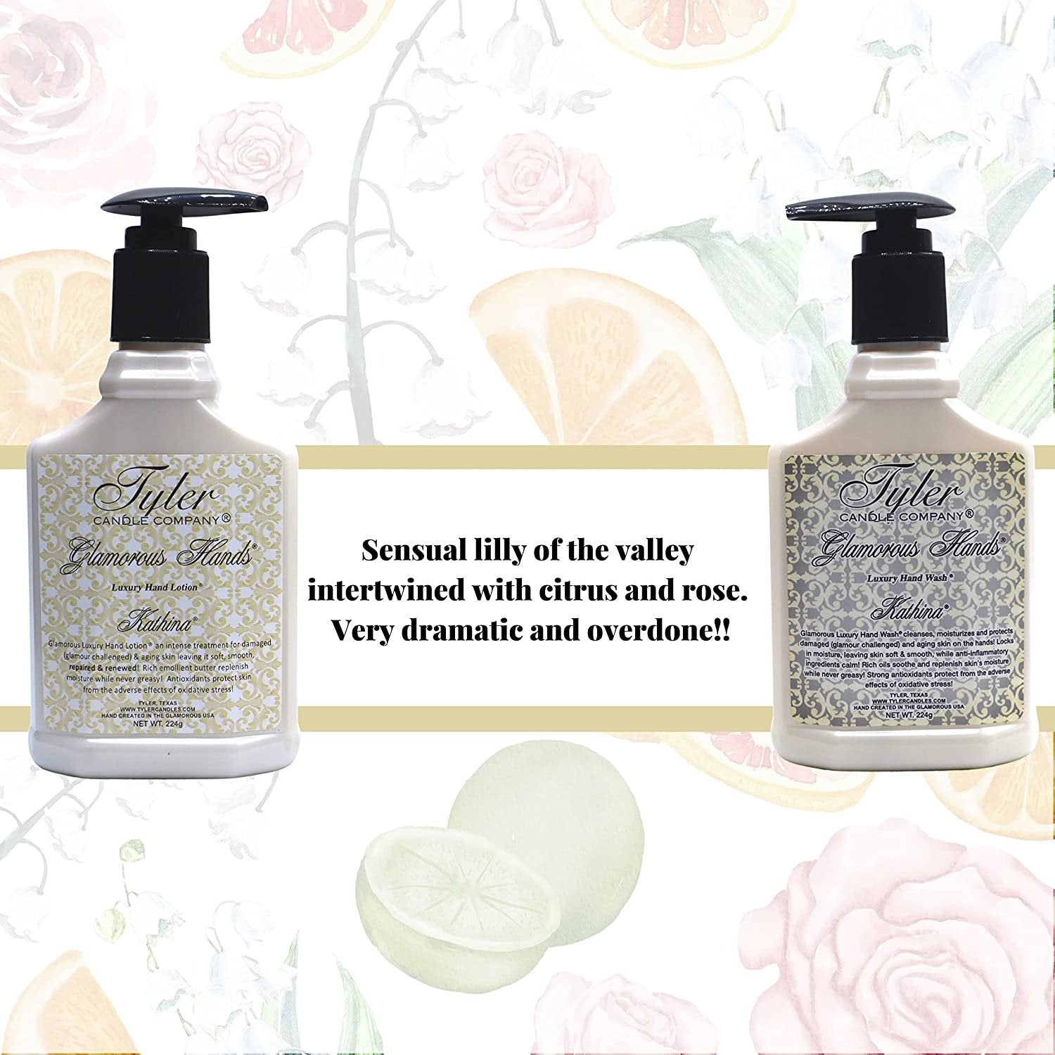 Worldwide Nutrition Tyler Candle Company Kathina Glamorous Hand Wash and Hand Lotion Gift Set - Pack of 2, 8 Oz Scented Hand Cream Pump Bottles for Luxury Skin Care (Kathina) with Bonus Keychain