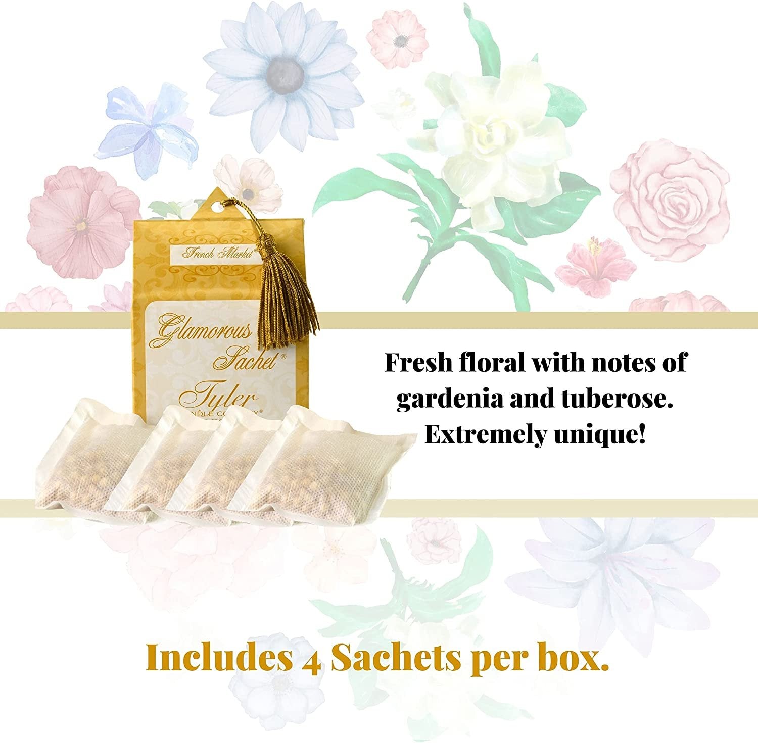 Tyler Candle Company French Market Dryer Sheet Sachets - Glamorous Reusable Dryer Sheets - Sachets for Drawers and Closets - 2 Pack of 4 Sachets, Dryer, Home, or Personal Sachet, with Bonus Key Chain