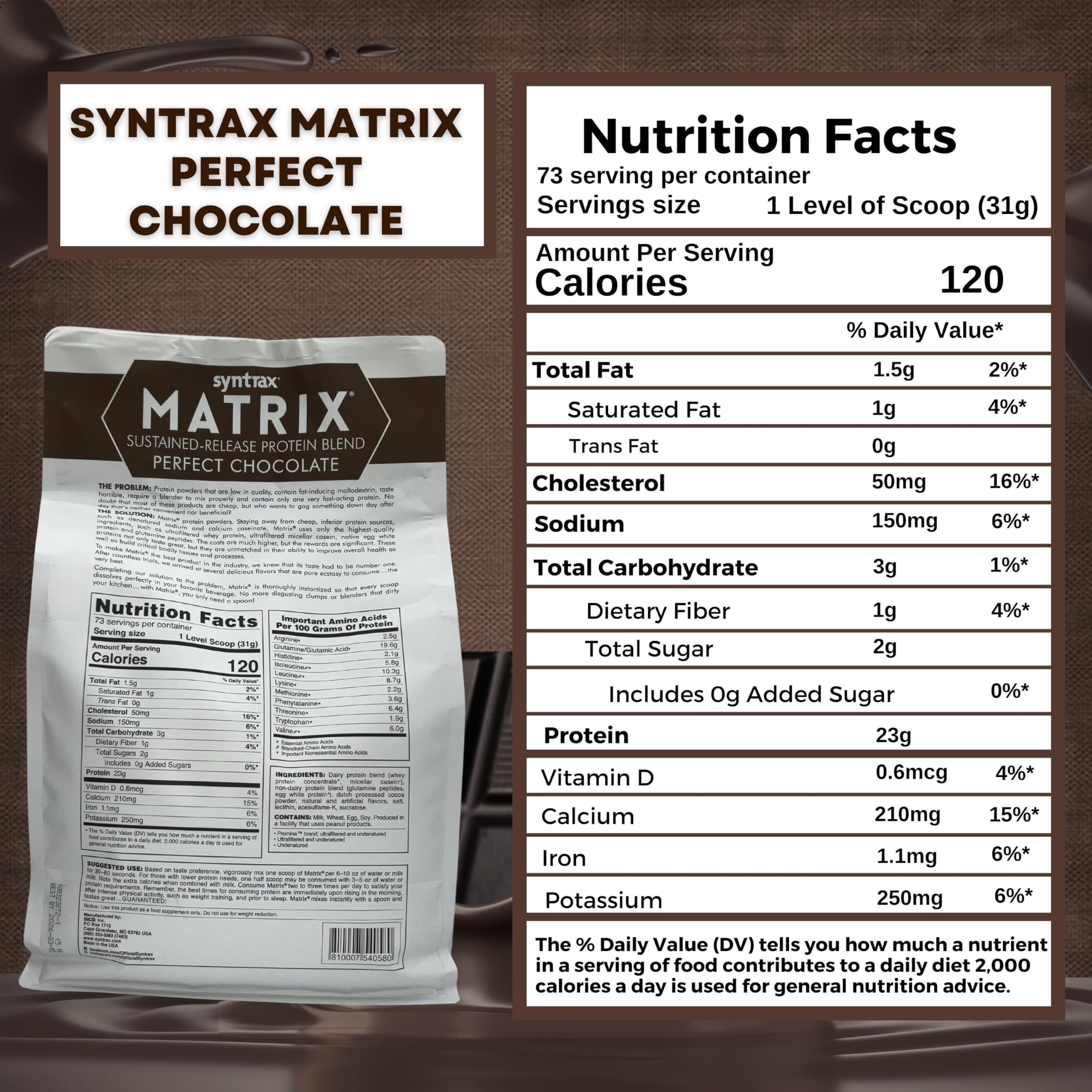 Syntrax Bundle: Matrix Perfect Chocolate Whey Casein Blend Protein Powder - Instant Mix High Protein Powder 5lb Kosher and Halal Whey Protein with Worldwide Nutrition Keychain