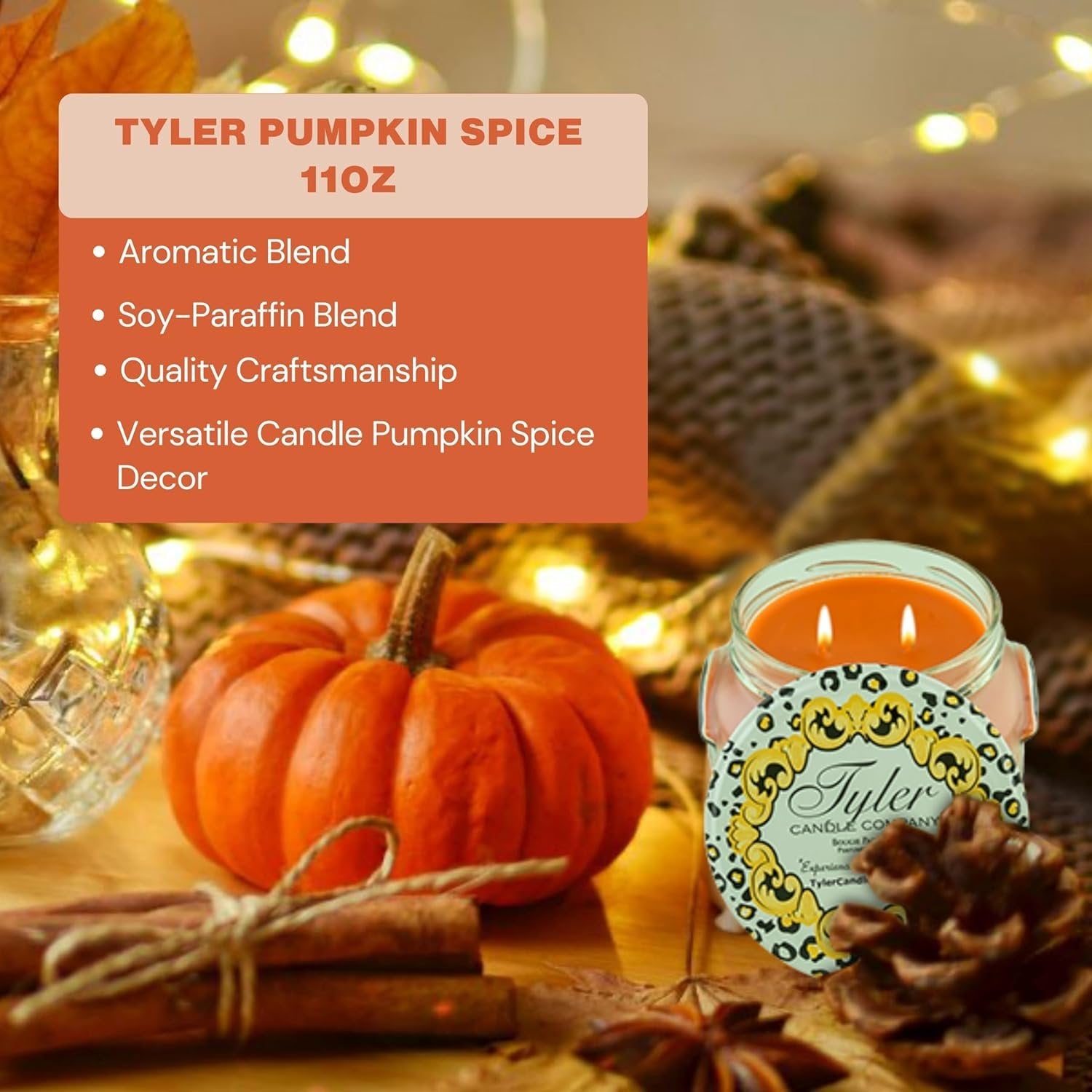 Tyler Candle Company Orange Pumpkin Spice Wax Scented Candles in Glass Jar,11oz - Halloween Candles - - Pack of 1 with Keychain