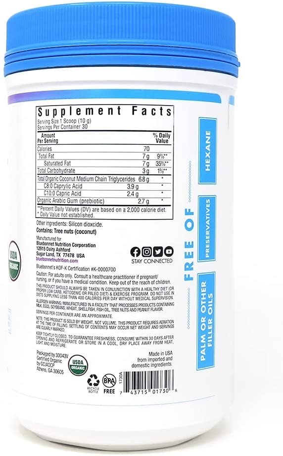 Bluebonnet Nutrition Organic MCT Powder, Keto and Paleo, Supports Weight Management*, Non-GMO, USDA Organic, Kosher, Vegan, Gluten-Free, 10.58 oz, 30 Servings, Unflavored, Unsweetened