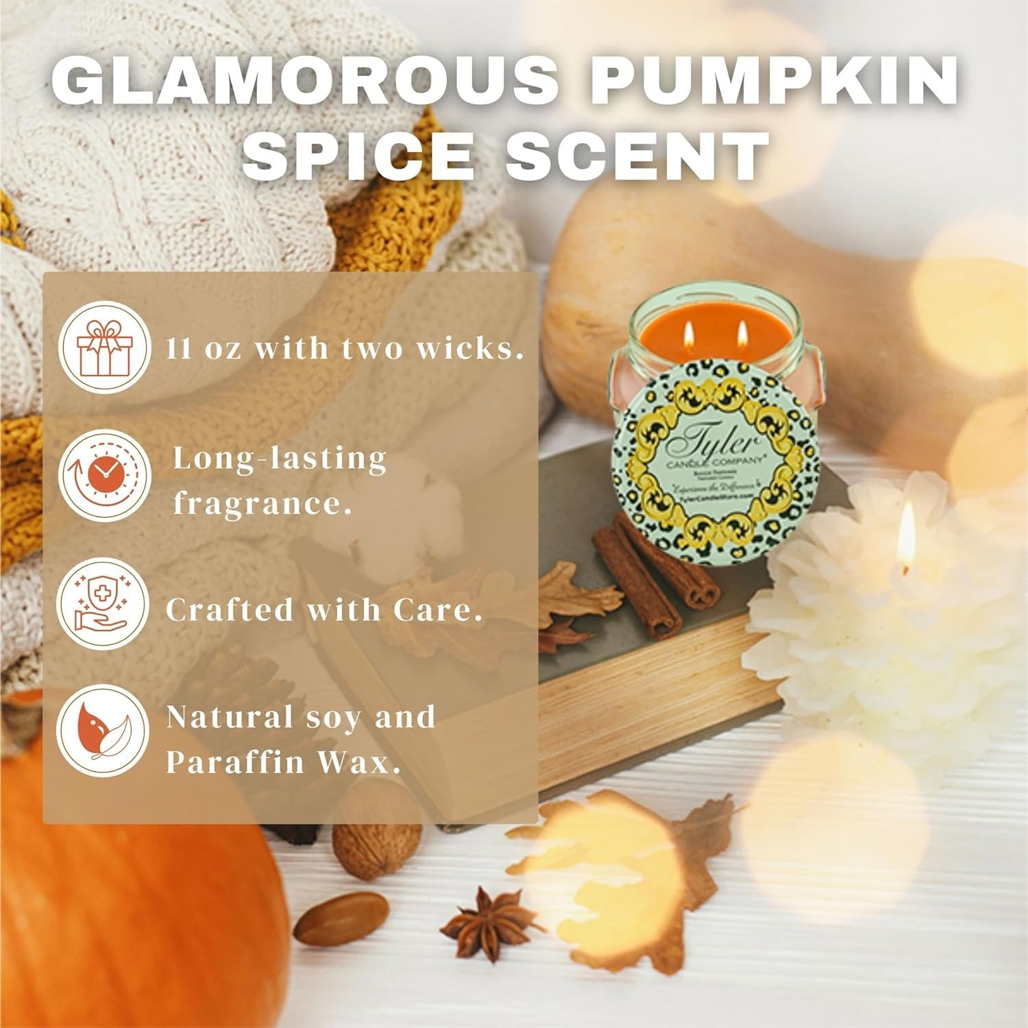 Tyler Candle Company Orange Pumpkin Spice Wax Scented Candles in Glass Jar,11oz - Halloween Candles - - Pack of 1 with Keychain