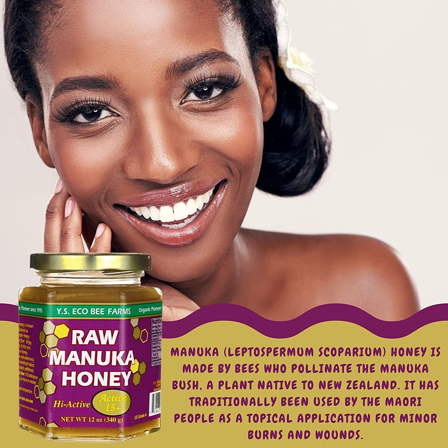 Y.S. Eco Bee Farms, 100% Certified Raw Manuka Honey, Hi-Active 15plus, Unpasteurized, Unfiltered, Exotic, Raw, Kosher, Gluten Free, Wonder Honey Of The Tea Tree", 12 Oz, 1 Jar with Bonus Key Chain