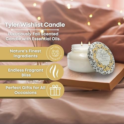 Tyler Candle Company Wishlist Candles - Luxuriously Fall Scented Candle with Essential Oils - 11 oz Extra Large White Candle and Multi-Purpose Key Chain