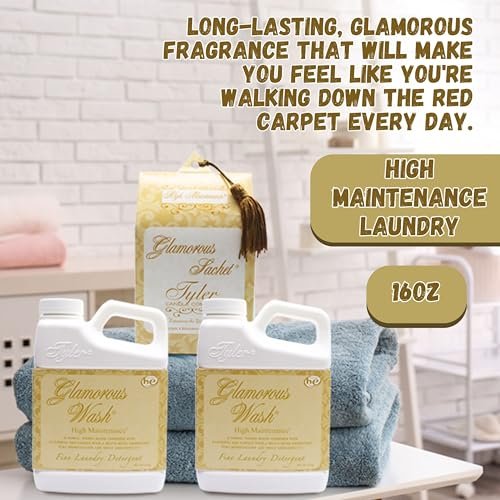Tyler Candle Company High Maintenance Laundry 3 Pack - 2 Bottles of 16oz Glamorous Wash Laundry Detergent, 1 Pack of 4 Dryer Sheet Sachets & Multi-Purpose Key Chain