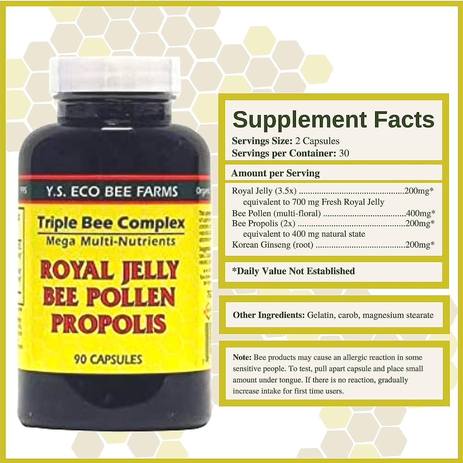 Y.S. Eco Bee Farms Triple Bee Complex Mega Multi-Nutrients - Royal Jelly, Bee Pollen, Propolis - 90 Capsules - with Multi-Purpose Key Chain