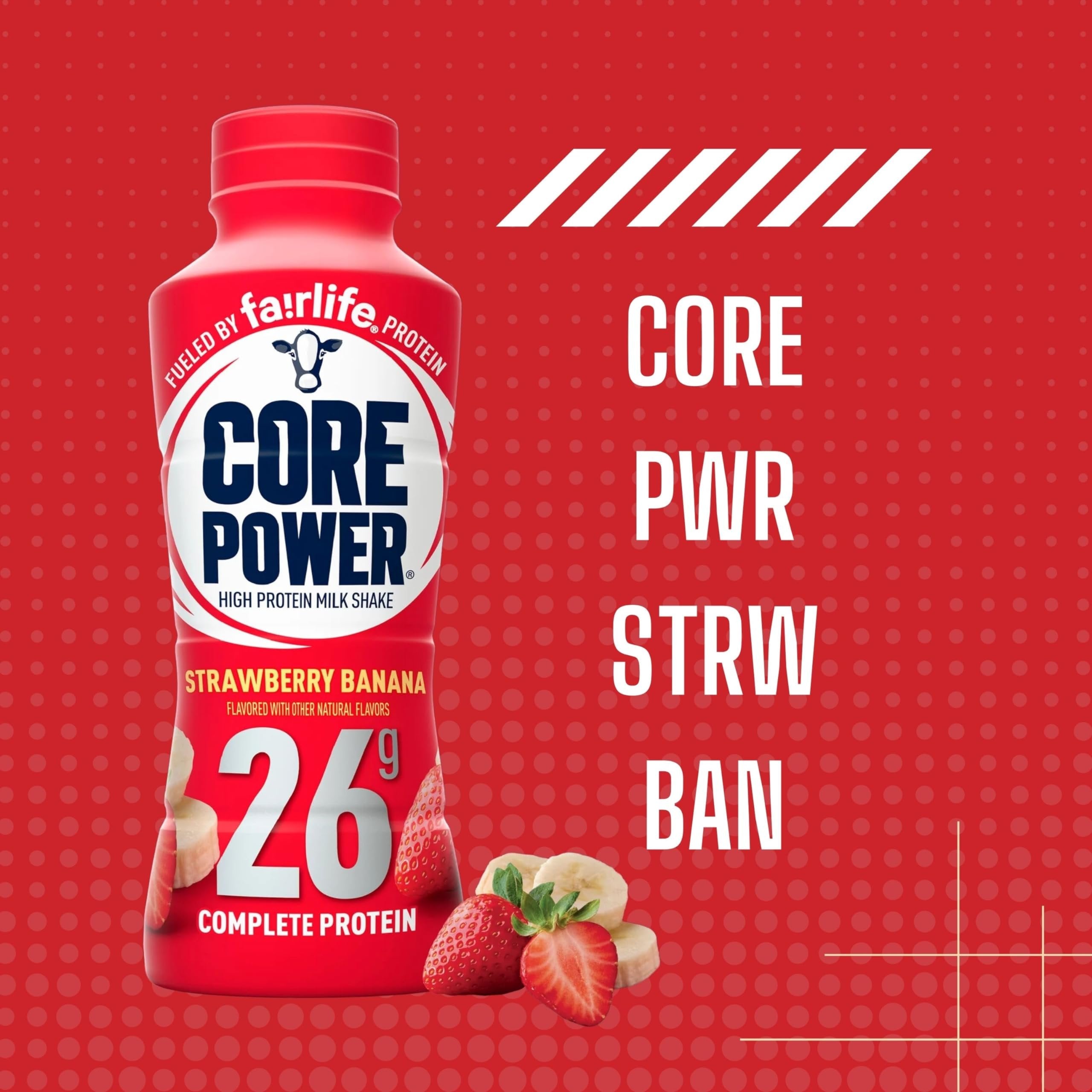 Fairlife Core Power 26g Complete Protein Strawberry Banana Milk Shake for Workout Recovery - Kosher - 14 oz (12 Pack) with Keychain