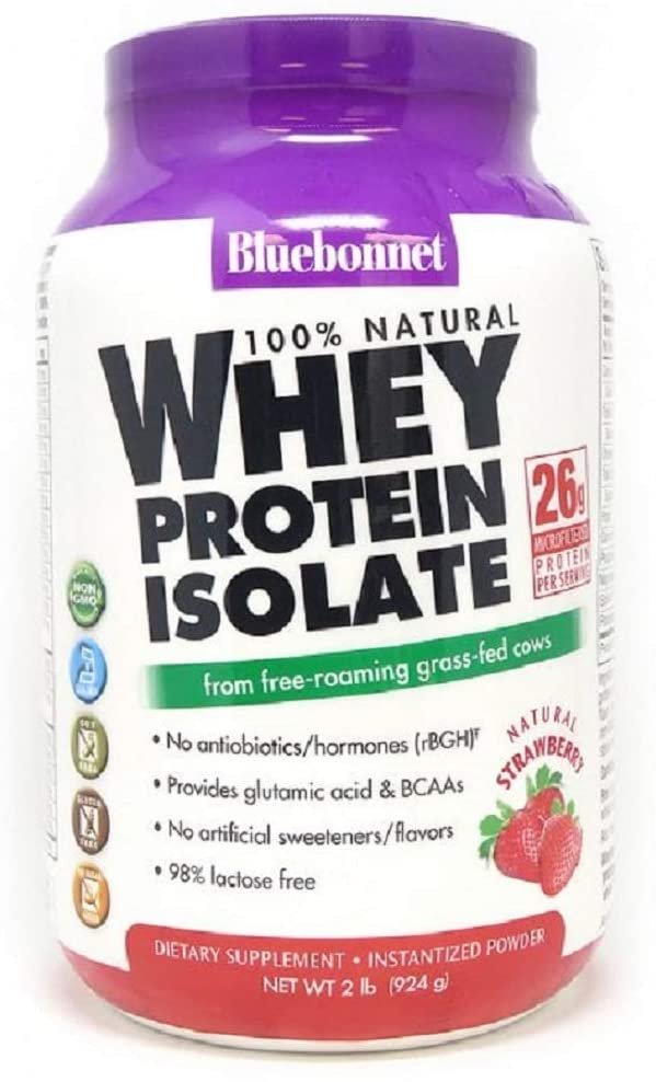 Bluebonnet Nutrition Whey Protein Isolate Powder, Whey From Grass Fed Cows, 26g of Protein, No Sugar Added, Non GMO, Gluten Free, Soy free, kosher Dairy, 2 Lbs, 28 Servings, Strawberry Flavor