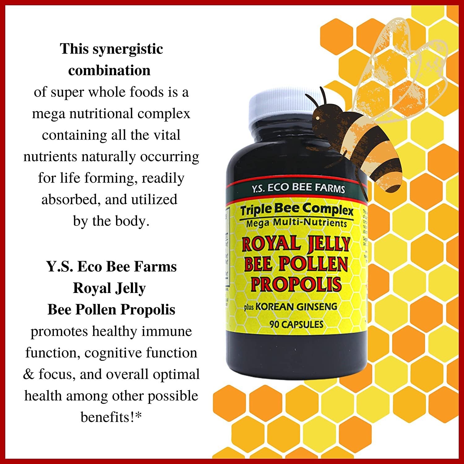 Y.S. Eco Bee Farms Triple Bee Complex Royal Jelly Bee Pollen Propolis Plus Korean Ginseng - Health and Wellness Organic Bee Pollen Supplement - 90 Ct with Worldwide Nutrition Multi Purpose Key Chain