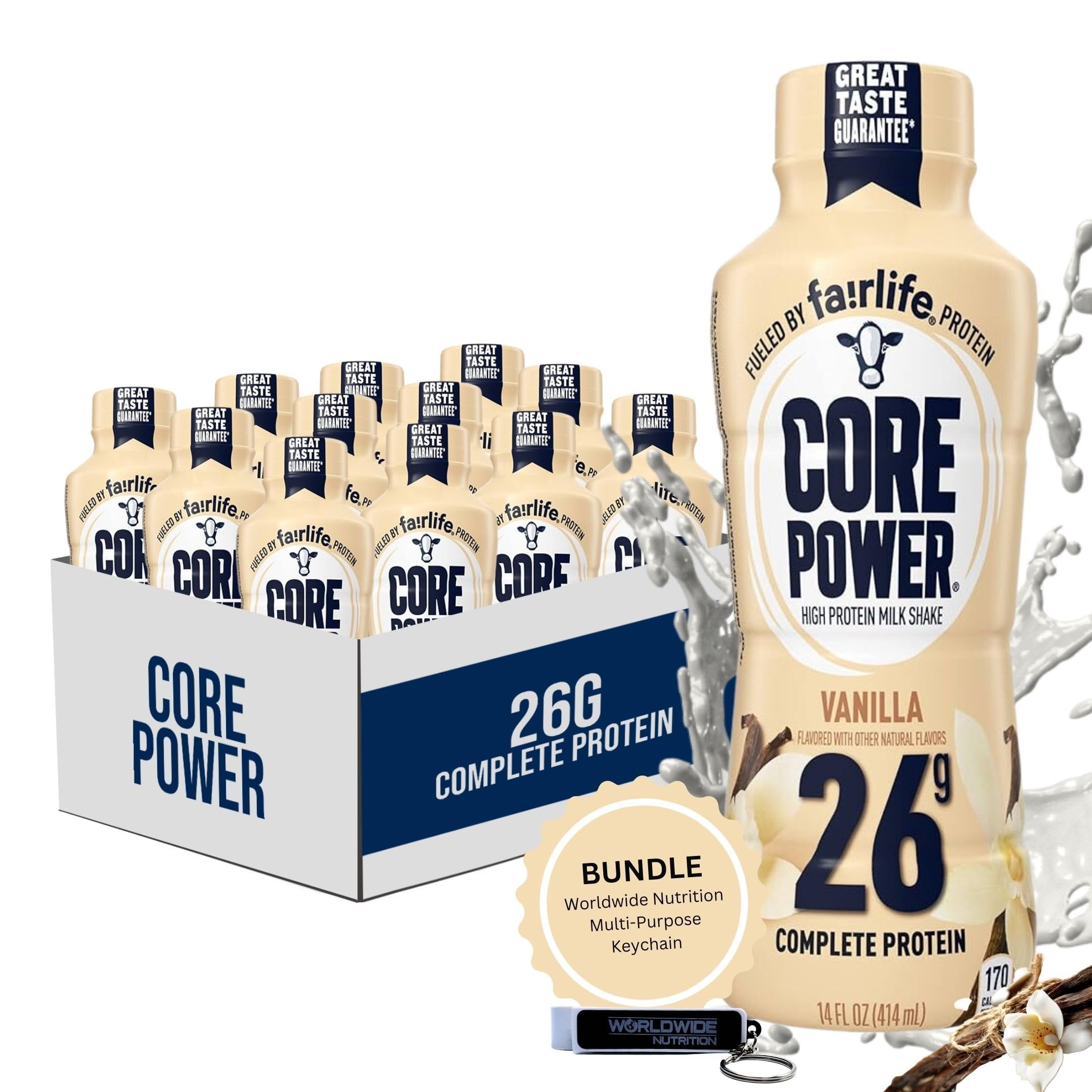 Fairlife Core Power 26g Complete Protein Vanilla Milk Shake Drink for Workout Recovery - Kosher - 14 oz (12 Pack) with Keychain