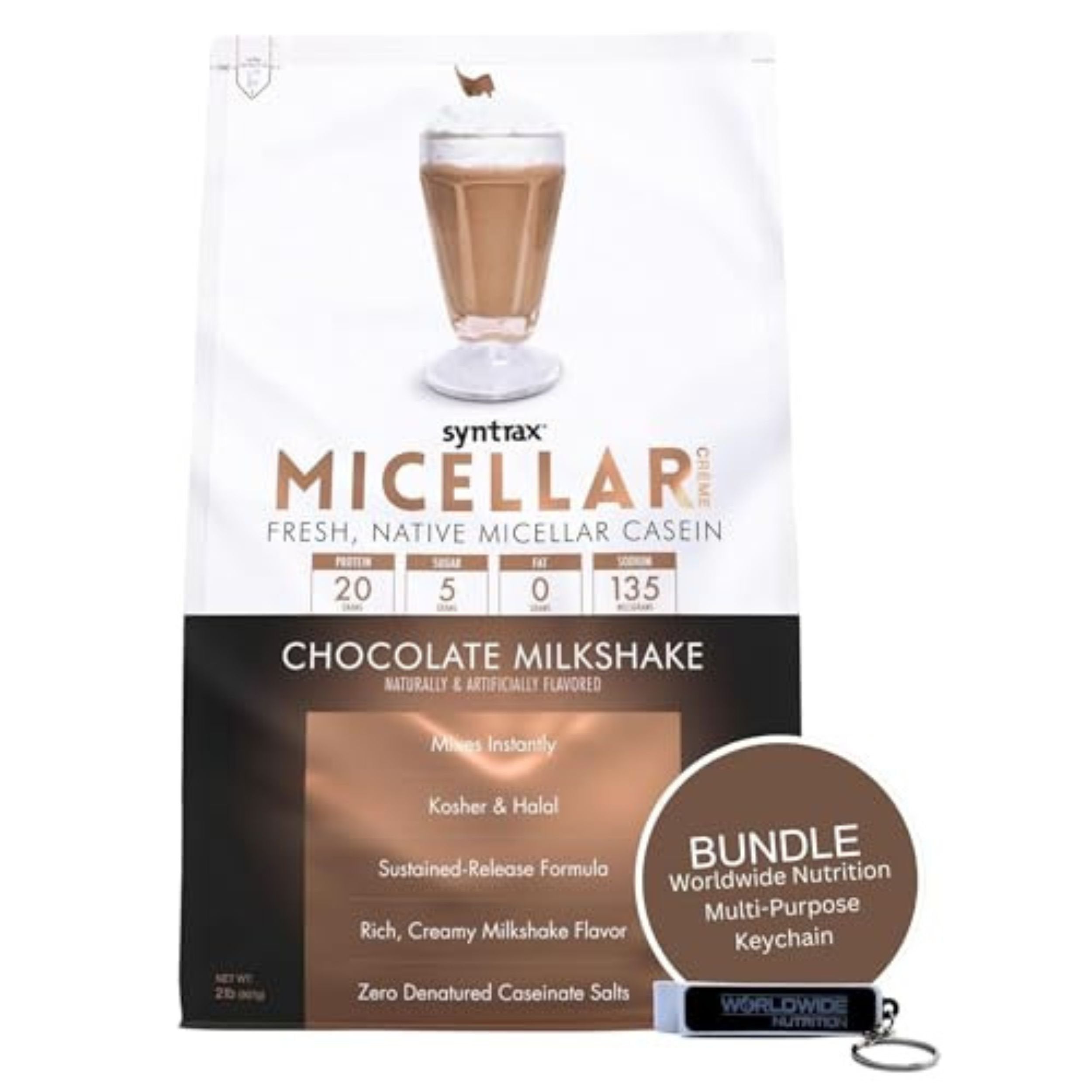 Syntrax Micellar Créme - Fresh, Native Micellar Casein Protein Powder - Kosher and Halal - Mixes Instantly - 1 Pack of 2lb with Multi-Purpose Keychain.