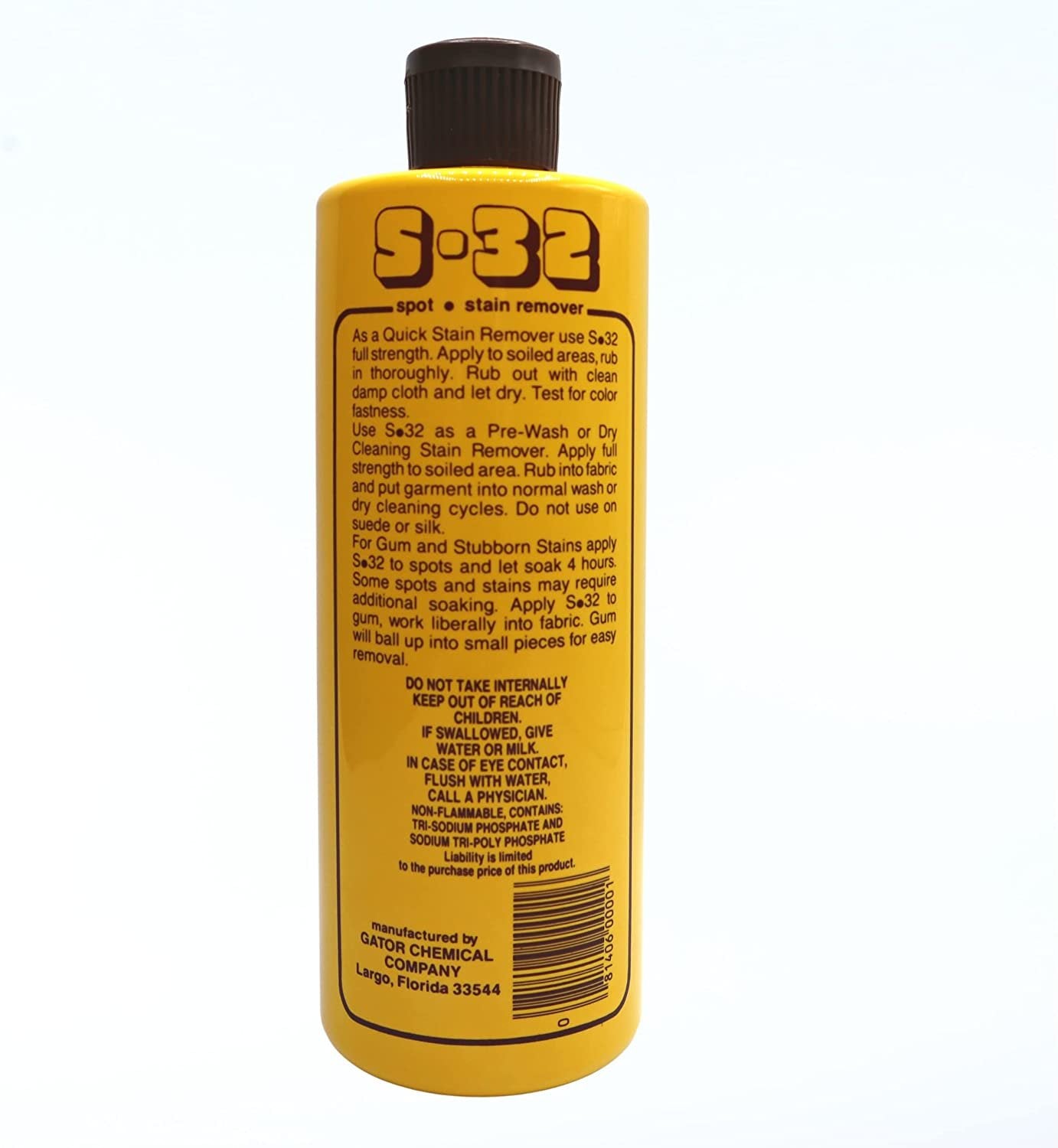 S-32 Liquid Spot and Stain Remover - Multipurpose Cleaner for Laundry, Carpet, Upholstery, Drapery, and Vinyl Material - Full Strength Stain Remover - 15 Fl Oz Bottle