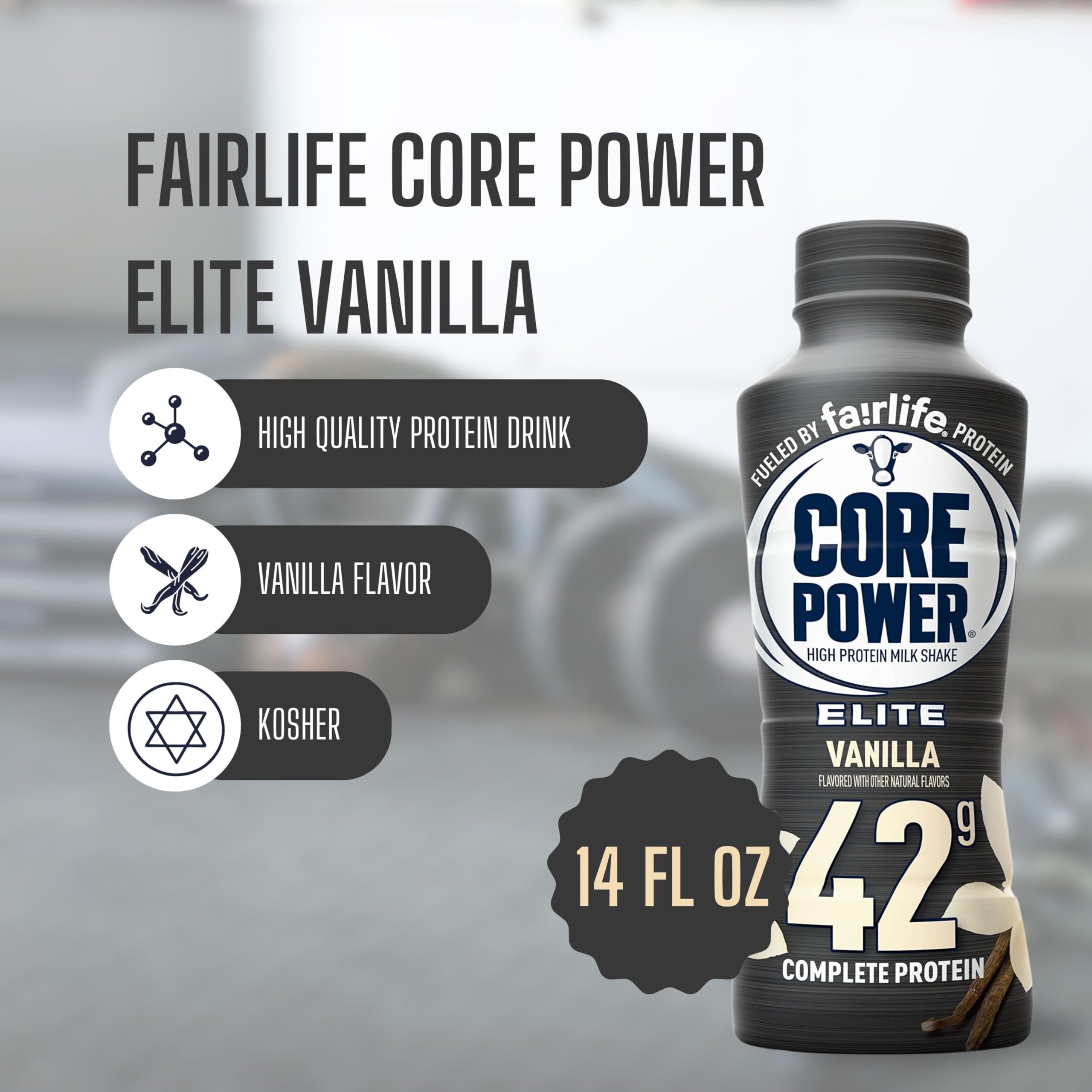 Fairlife Core Power 42g Complete Protein Elite Vanilla Milk Shake Drink for Workout Recovery - Kosher - 14 oz (12 Pack) with Keychain