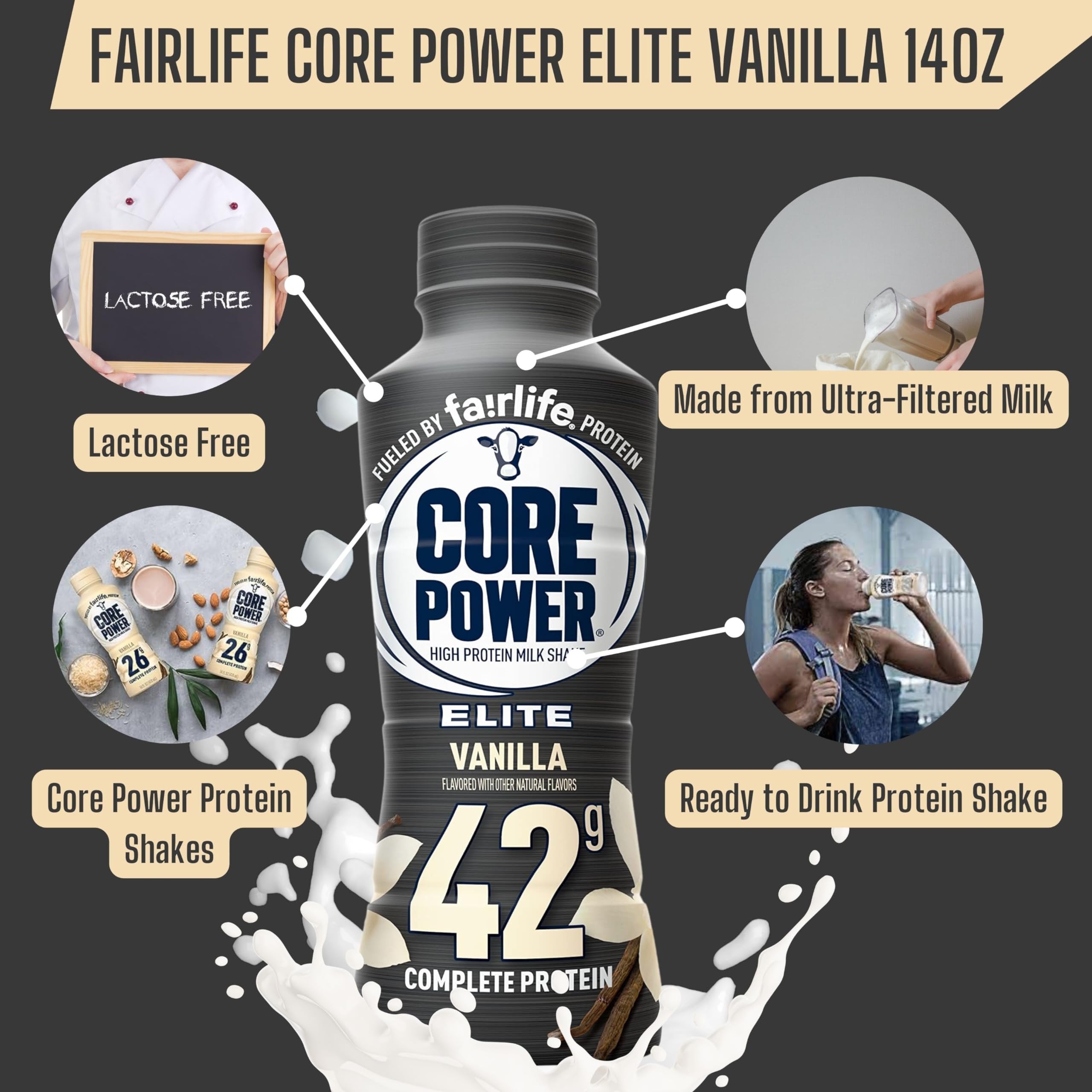 Fairlife Core Power 42g Complete Protein Elite Vanilla Milk Shake Drink for Workout Recovery - Kosher - 14 oz (12 Pack) with Keychain