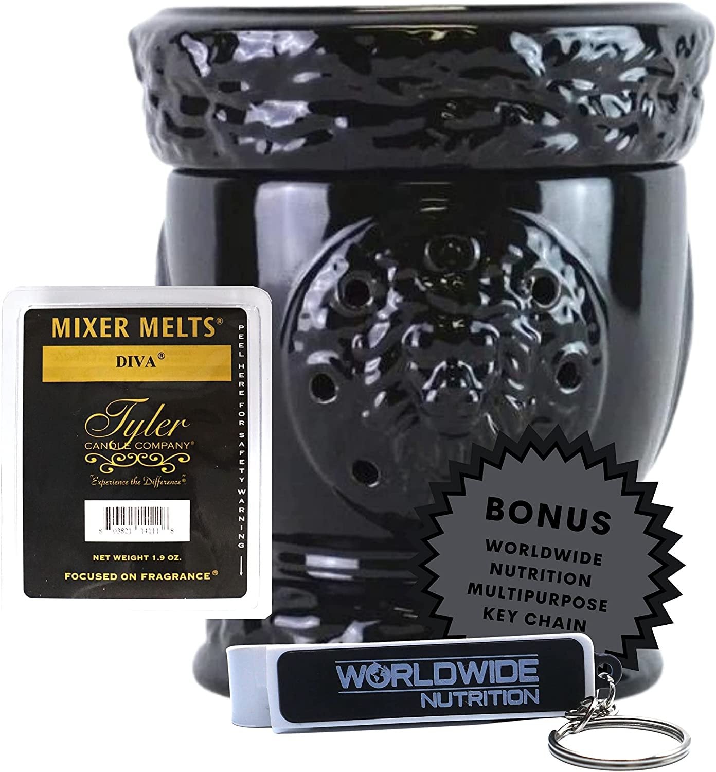 Tyler Candle Company Lionesque Gloss Black Fragrance Wax Warmer - Candle Wax Melt Warmer - Home Decor Candle Accessories with Included 6 Diva Scent Wax Melts - 5.5 x 5" in with Bonus Key Chain
