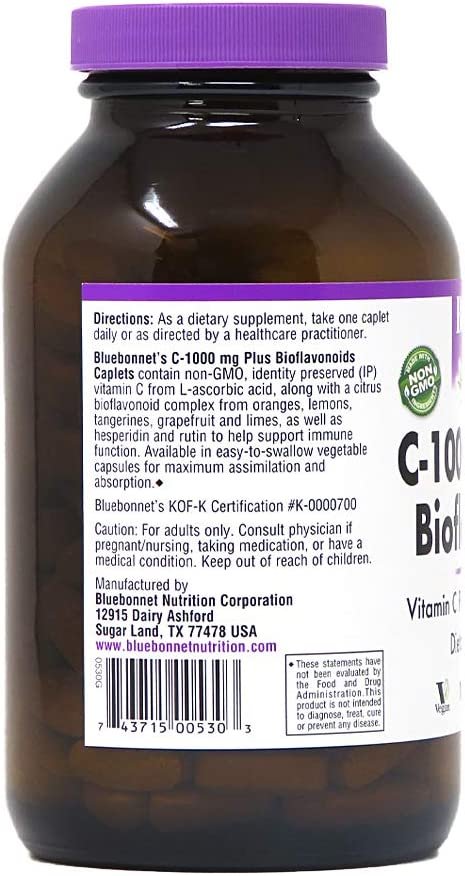 Bluebonnet Nutrition C-1000 mg Plus Bioflavonoids Caplets, Vitamin C 1000 mg, Citrus Bioflavonoids 500 mg, for Immune Health, Soy Free, Gluten Free, Non-GMO, Kosher, Dairy Free, Vegan, 180 Caplets