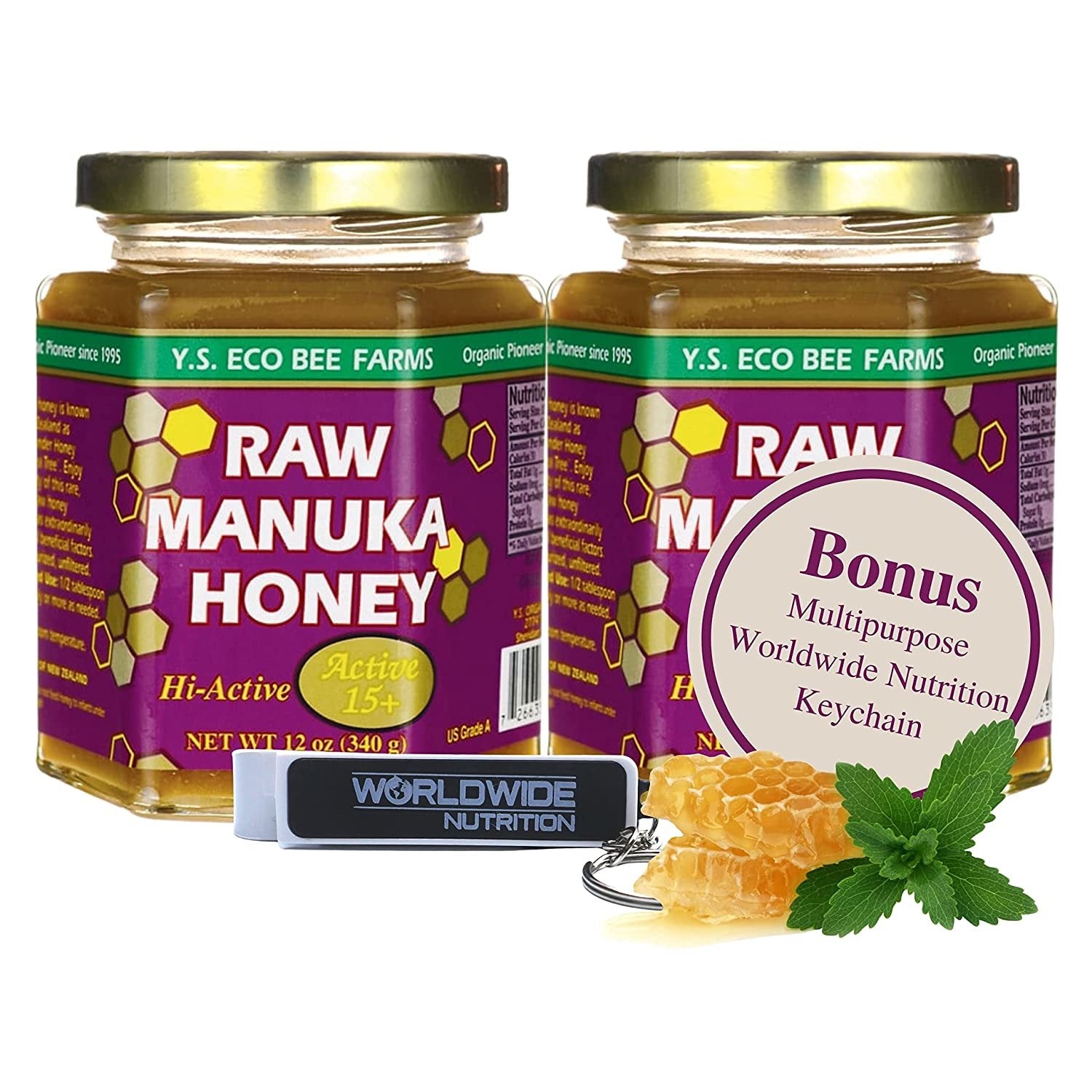 Y.S. Eco Bee Farms, 100% Certified Raw Manuka Honey, Hi-Active 15plus, Unpasteurized, Unfiltered, Exotic, Raw, Kosher, Gluten Free, Wonder Honey Of The Tea Tree", 12 Oz, 2 Jars with Bonus Key Chain