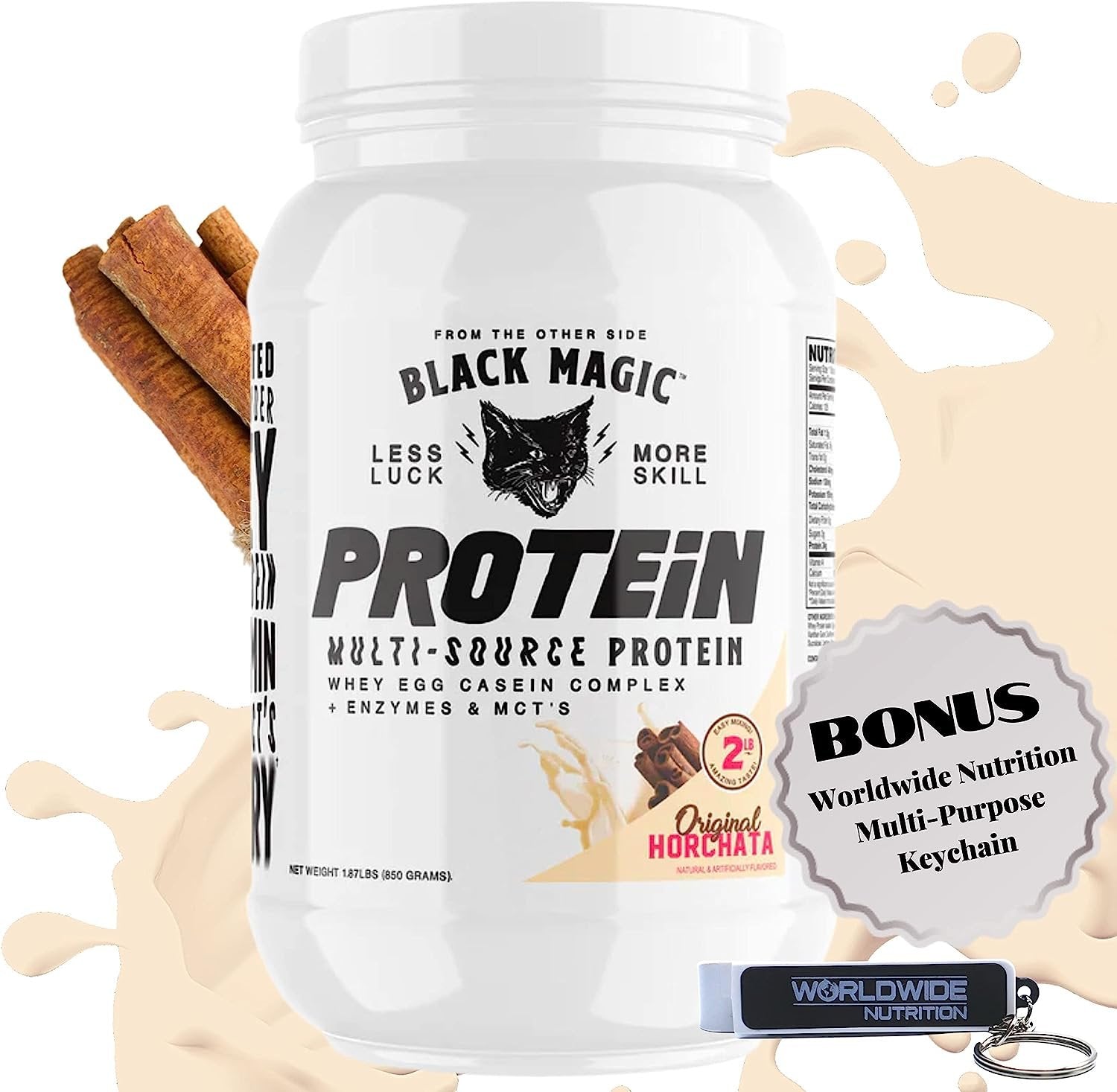 Black Magic Multi-Source Protein - Whey, Egg, and Casein Complex with Enzymes & MCT Powder - Pre Workout and Post Workout - 24g Protein - 2 LB with Bonus Key Chain