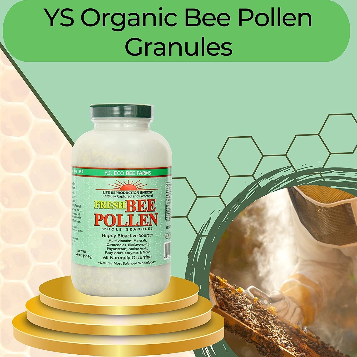 Y.S. Eco Bee Farms 100% Pure, Wild Crafted Bee Pollen Granules - Organic Bee Pollen Vitamin Supplements - Amino Acids, Organic Protein, Vitamin C, Vitamin B12 - Gluten Free - 16 oz w Bonus Key Chain