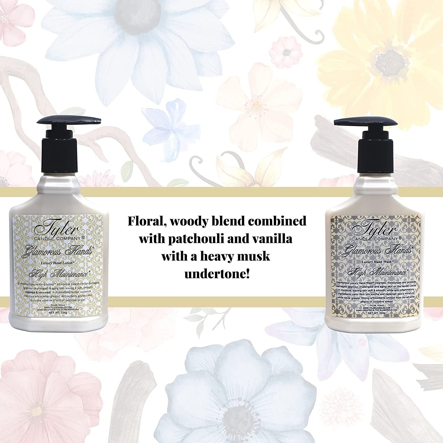 Tyler Candle Company High Maintenance Glamorous Hand Wash and Hand Lotion Gift Set - Pack of 2, 8 Oz Scented Hand Cream Pump Bottles for Luxury Skin Care (High Maintenance) with Bonus Keychain