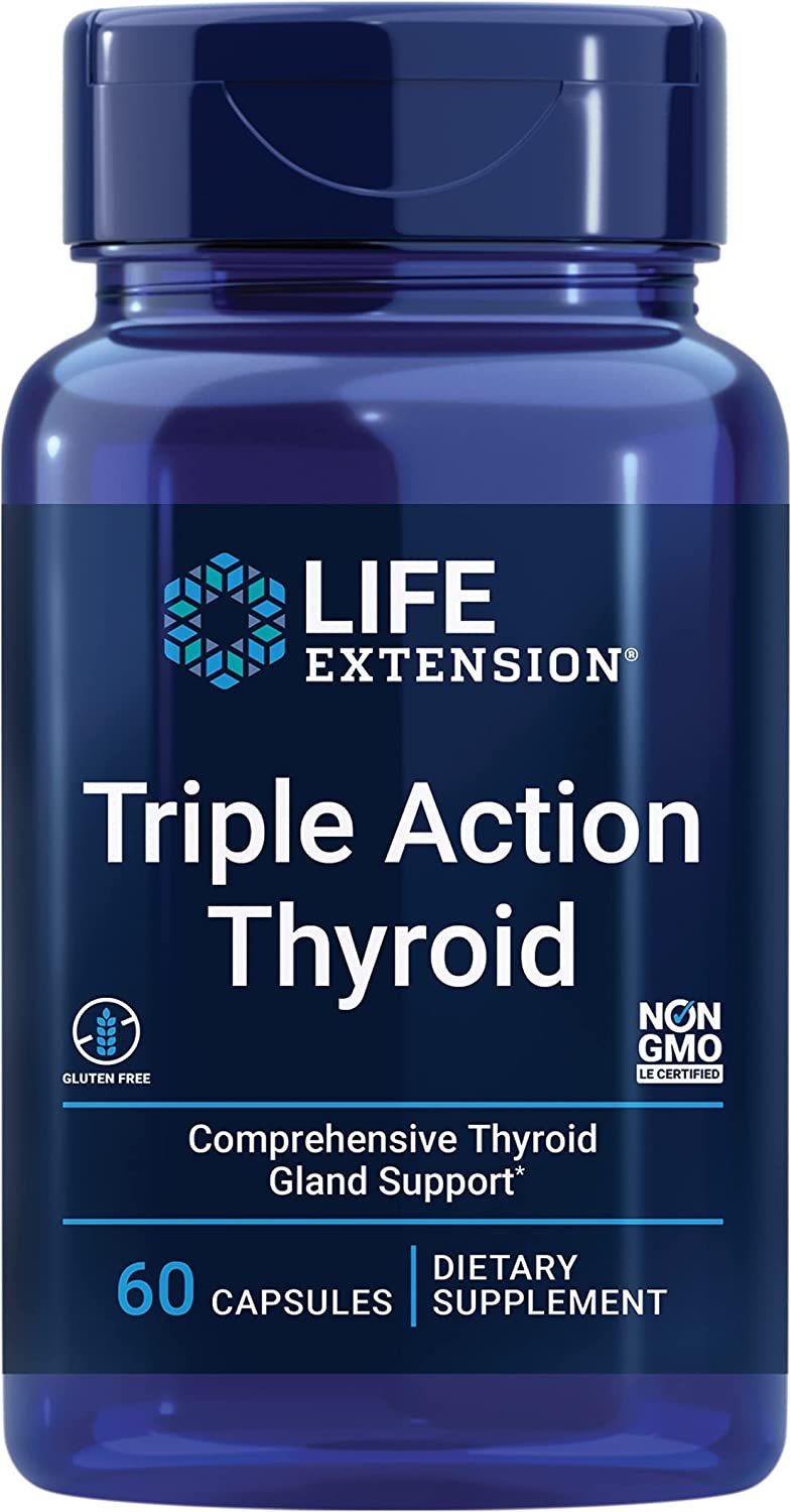 Life Extension Triple Action Thyroid - Thyroid Health Support Supplement with Vitamins A, B, Iodine, Magnesium, L-Tyrosine, Ashwagandha & Ginseng for Energy – Non-GMO, Gluten-Free - 60 Capsules