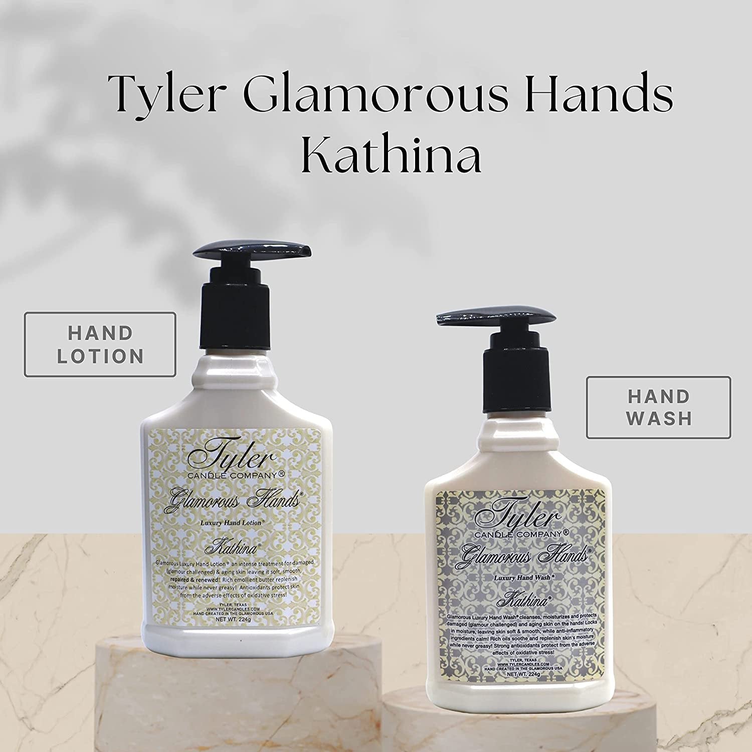 Worldwide Nutrition Tyler Candle Company Kathina Glamorous Hand Wash and Hand Lotion Gift Set - Pack of 2, 8 Oz Scented Hand Cream Pump Bottles for Luxury Skin Care (Kathina) with Bonus Keychain
