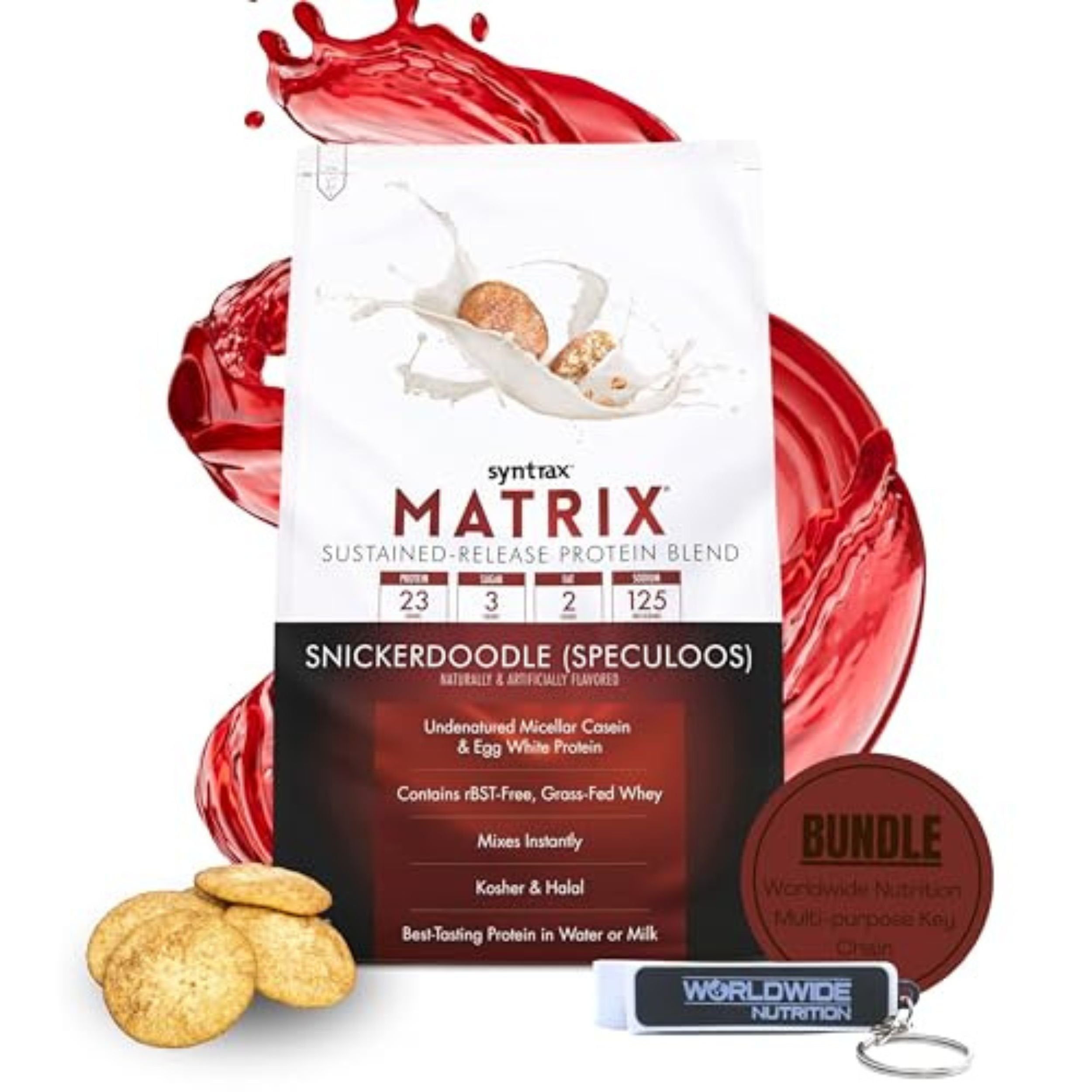 Syntrax Matrix Protein Powder Sustained-Release Casein Protein and Whey Protein Powder - Instant Mix Snickerdoodle Protein Powder Flavor, 2lbs - Pack of 1 with Keychain