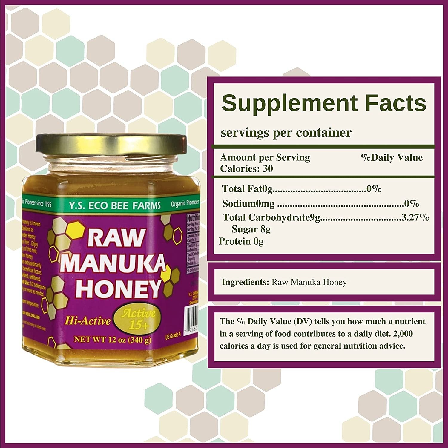 Y.S. Eco Bee Farms, 100% Certified Raw Manuka Honey, Hi-Active 15plus, Unpasteurized, Unfiltered, Exotic, Raw, Kosher, Gluten Free, Wonder Honey Of The Tea Tree", 12 Oz, 2 Jars with Bonus Key Chain