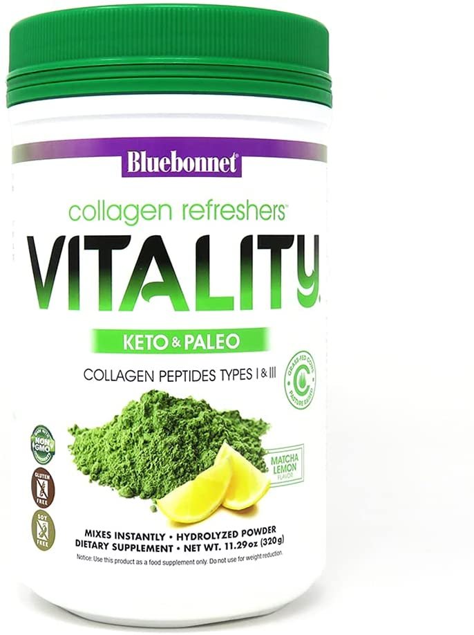 Bluebonnet Nutrition Collagen Refreshers Vitality Powder, Keto and Paleo, Energy Boost*, Soy-Free, Gluten-Free, Non-GMO, Grass-fed Cows, Pasture Raised, 11.29 oz, 20 Servings, Matcha Lemon Flavor