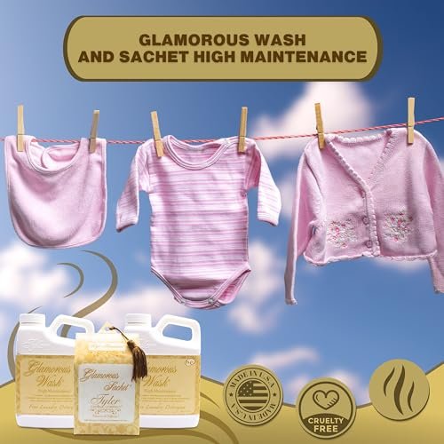 Tyler Candle Company High Maintenance Laundry 3 Pack - 2 Bottles of 16oz Glamorous Wash Laundry Detergent, 1 Pack of 4 Dryer Sheet Sachets & Multi-Purpose Key Chain