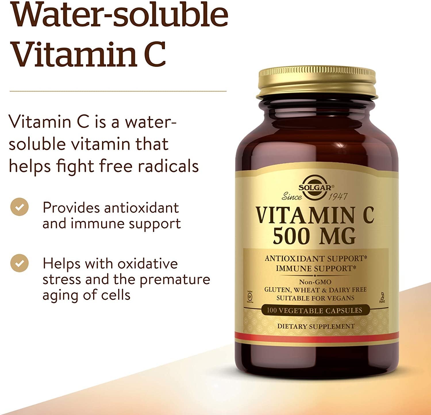 Solgar Vitamin C 500 mg, 100 Vegetable Capsules - Antioxidant & Immune Support - Overall Health - Supports Healthy Skin & Joints - Non GMO, Vegan, Gluten Free, Kosher - 100 Servings