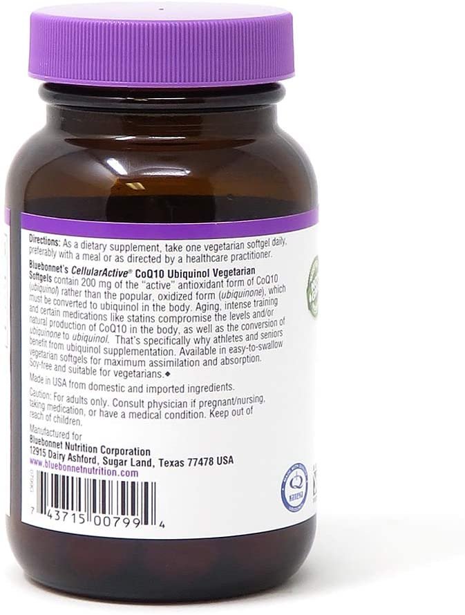 Bluebonnet Nutrition Cellular Active CoQ10 - Ubiquinol 200mg - Antioxidant Support - 60 Vegetarian Softgels