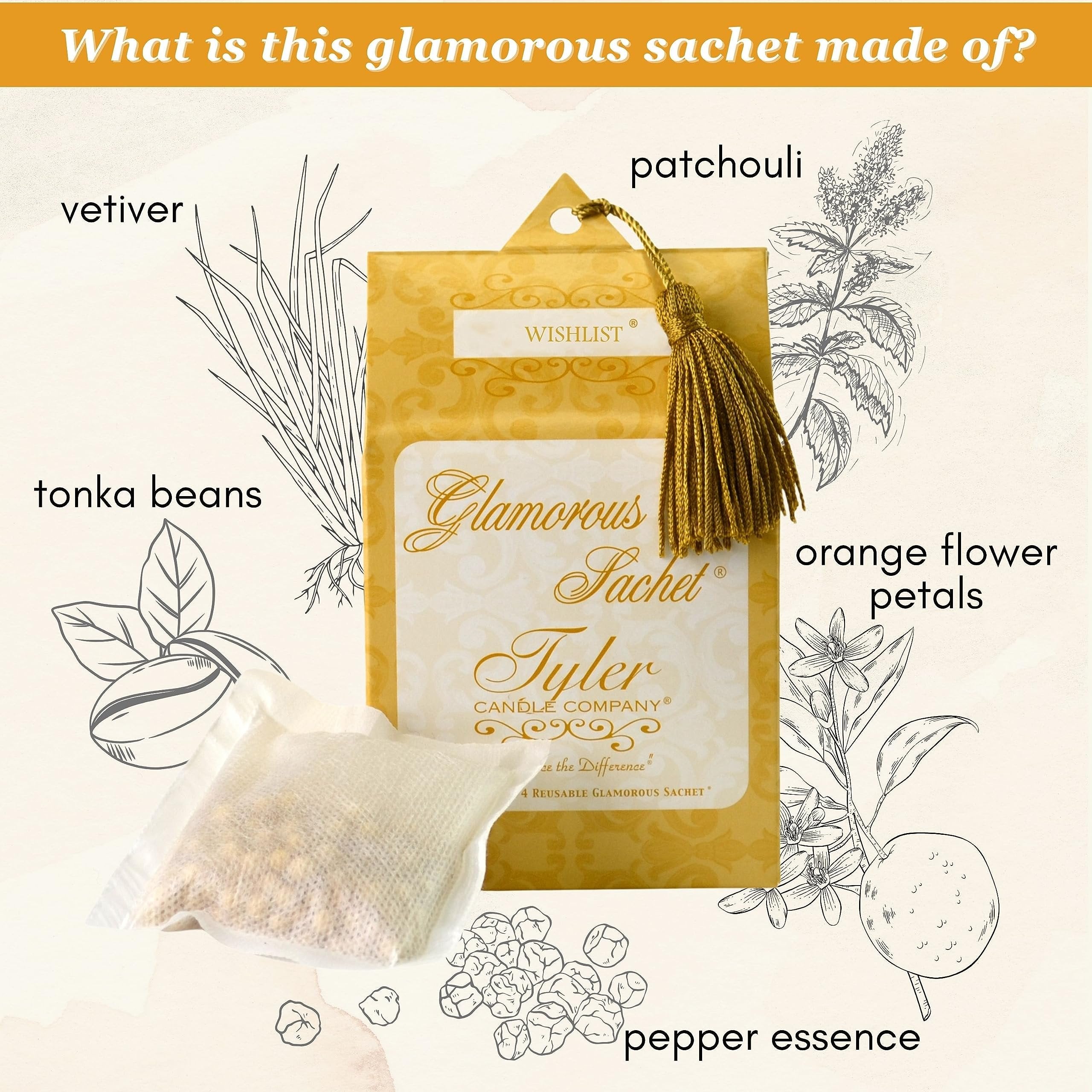 Tyler Candle Company Wishlist Dryer Sheet Sachets - Glamorous Reusable Dryer Sheets - Sachets for Drawers and Closet Refresher - 1 Pack, 4 Sachets and Multi-Purpose Key Chain