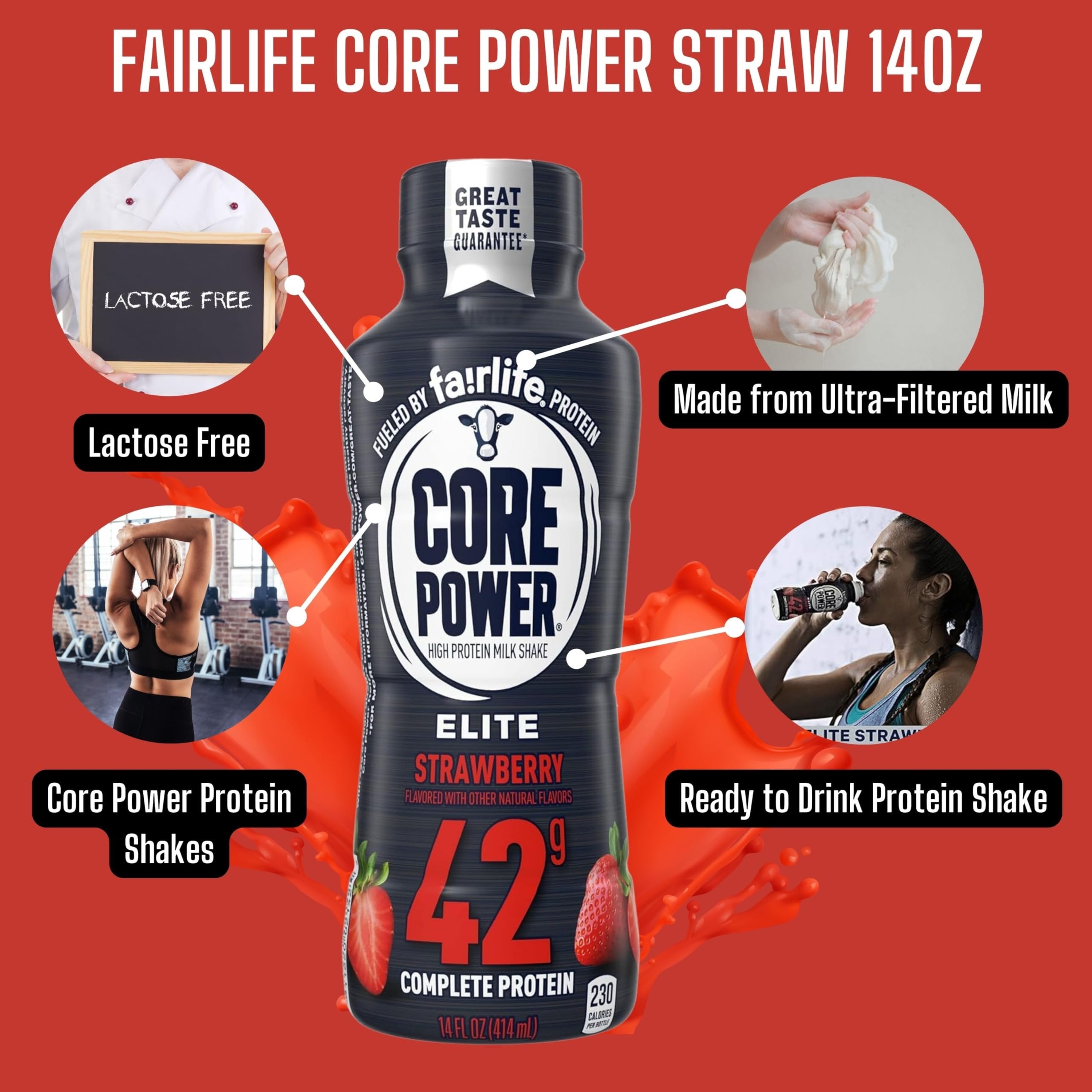 Fairlife Core Power 42g Complete Protein Elite Strawberry Milk Shake for Workout Recovery - Kosher - 14 oz (12 Pack) with Keychain
