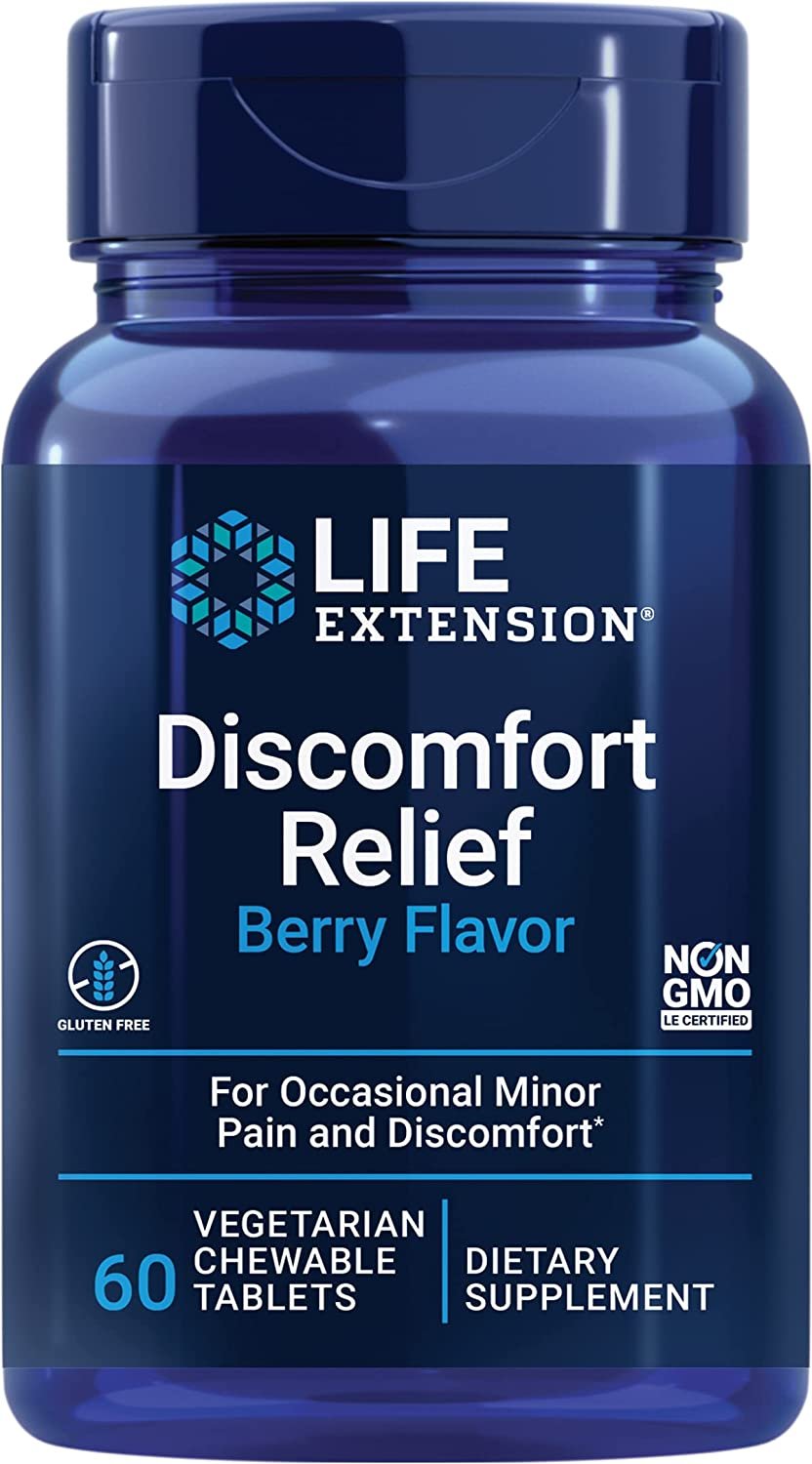 Life Extension Pea Discomfort Relief (Berry Flavor) for Occasional Minor Pain & Discomfort – Palmitoylethanolamide Supplement Pills - Gluten-Free, Non-GMO, Vegetarian – 60 Chewable Tablets