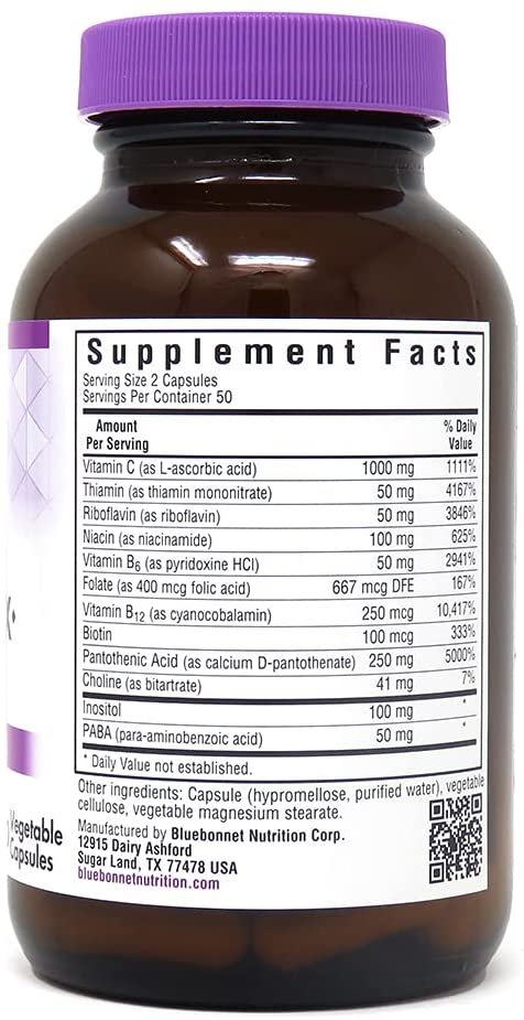 Bluebonnet Nutrition Stress Relief B Complex Vegetable Capsules, Vitamin B6, B12, Biotin, Folate, Vegan, Gluten & Soy & Milk Free, Kosher, Unflavored, 100 Count