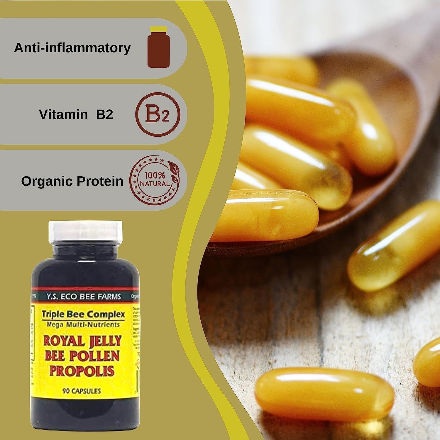 Y.S. Eco Bee Farms Triple Bee Complex Mega Multi-Nutrients - Royal Jelly, Bee Pollen, Propolis - 90 Capsules - with Multi-Purpose Key Chain