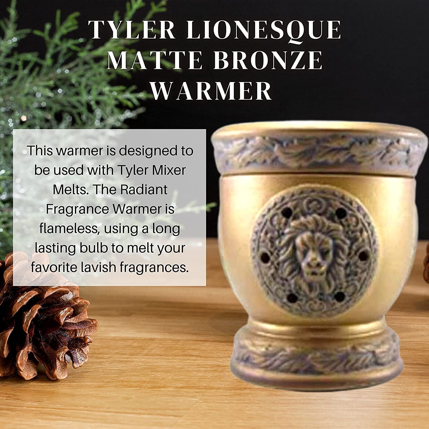 Tyler Candle Company Lionesque Matte Bronze Fragrance Wax Warmer - Candle Wax Melt Warmer - Home Decor Candle Accessories with Included 6 Diva Scent Wax Melts - 5.5 x 5" in with Bonus Key Chain