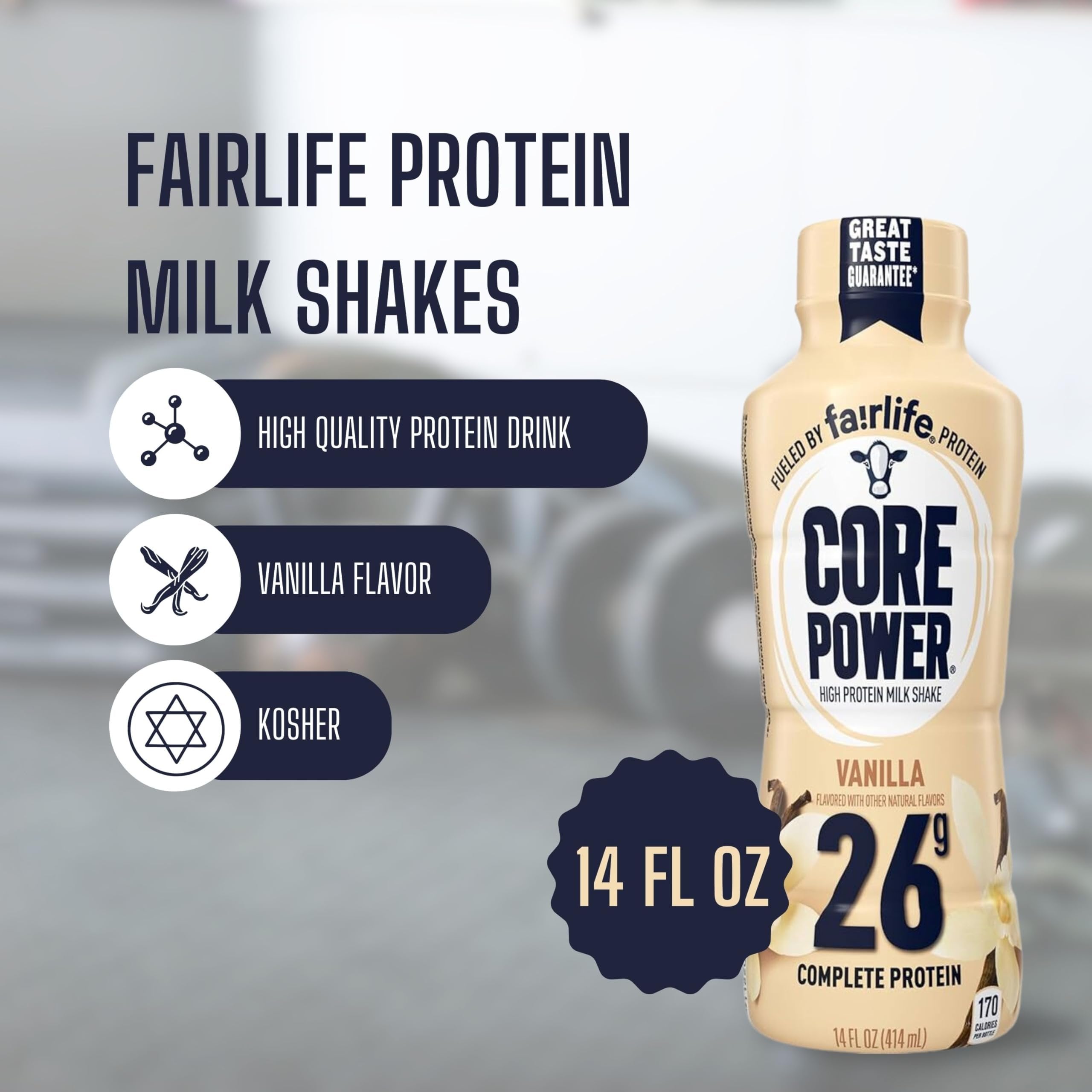 Fairlife Core Power 26g Complete Protein Vanilla Milk Shake Drink for Workout Recovery - Kosher - 14 oz (12 Pack) with Keychain